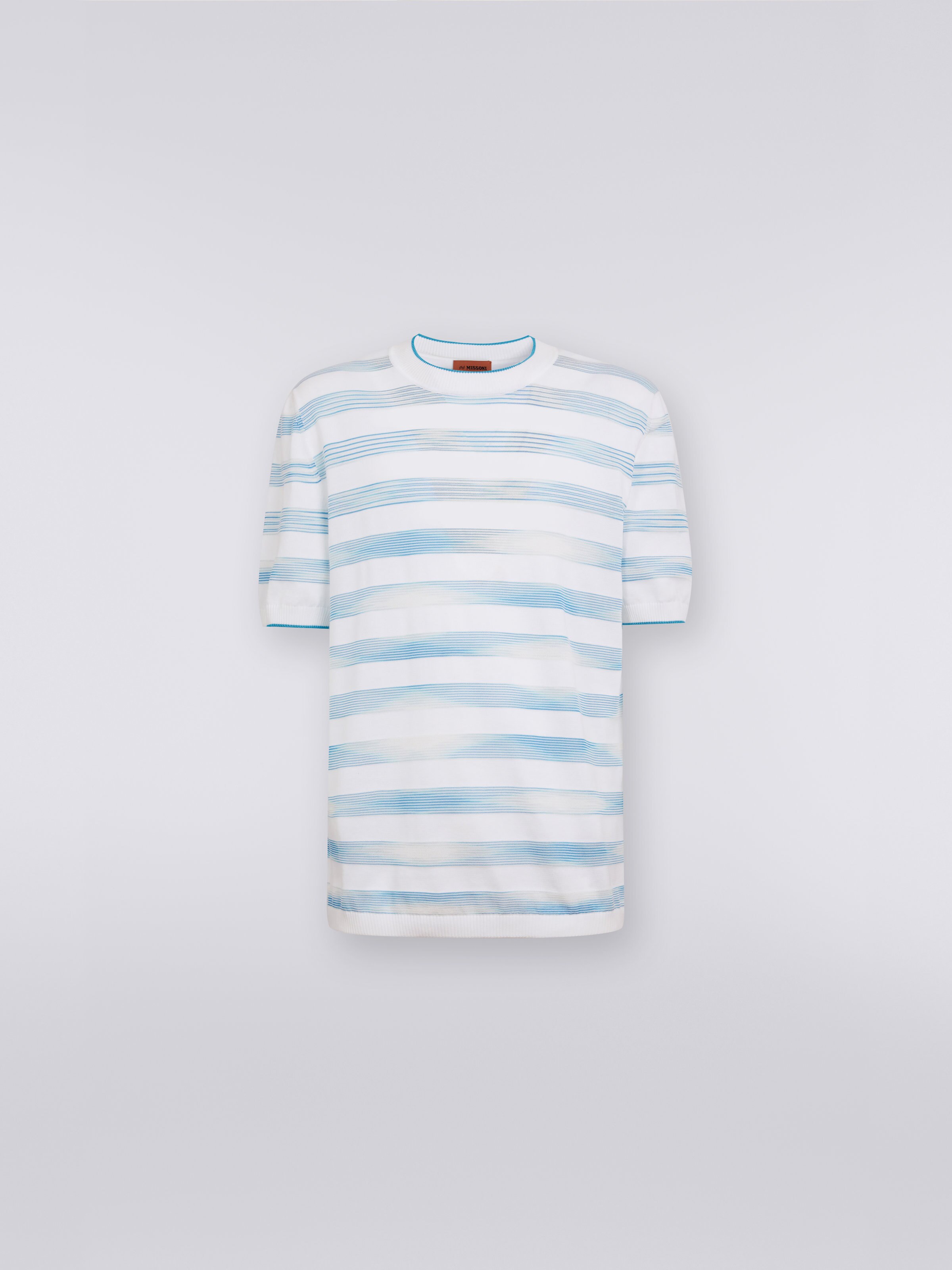 Gestreiftes T-Shirt aus Baumwolle und Viskose mit Rundhalsausschnitt, Weiß & Himmelblau - 0