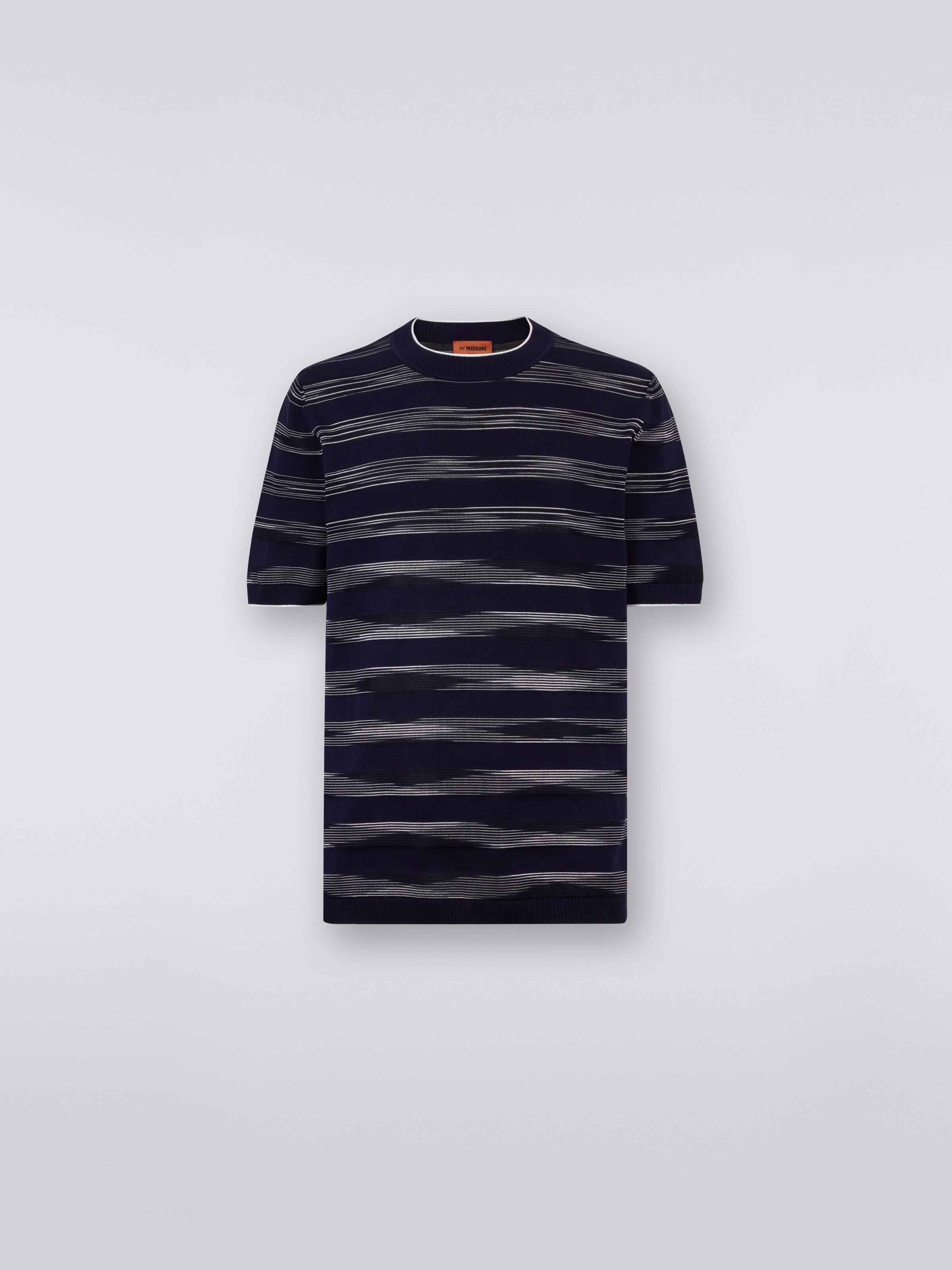 Camiseta de cuello redondo de algodón y viscosa a rayas, Blanco, Negro & Azul Marino - 0