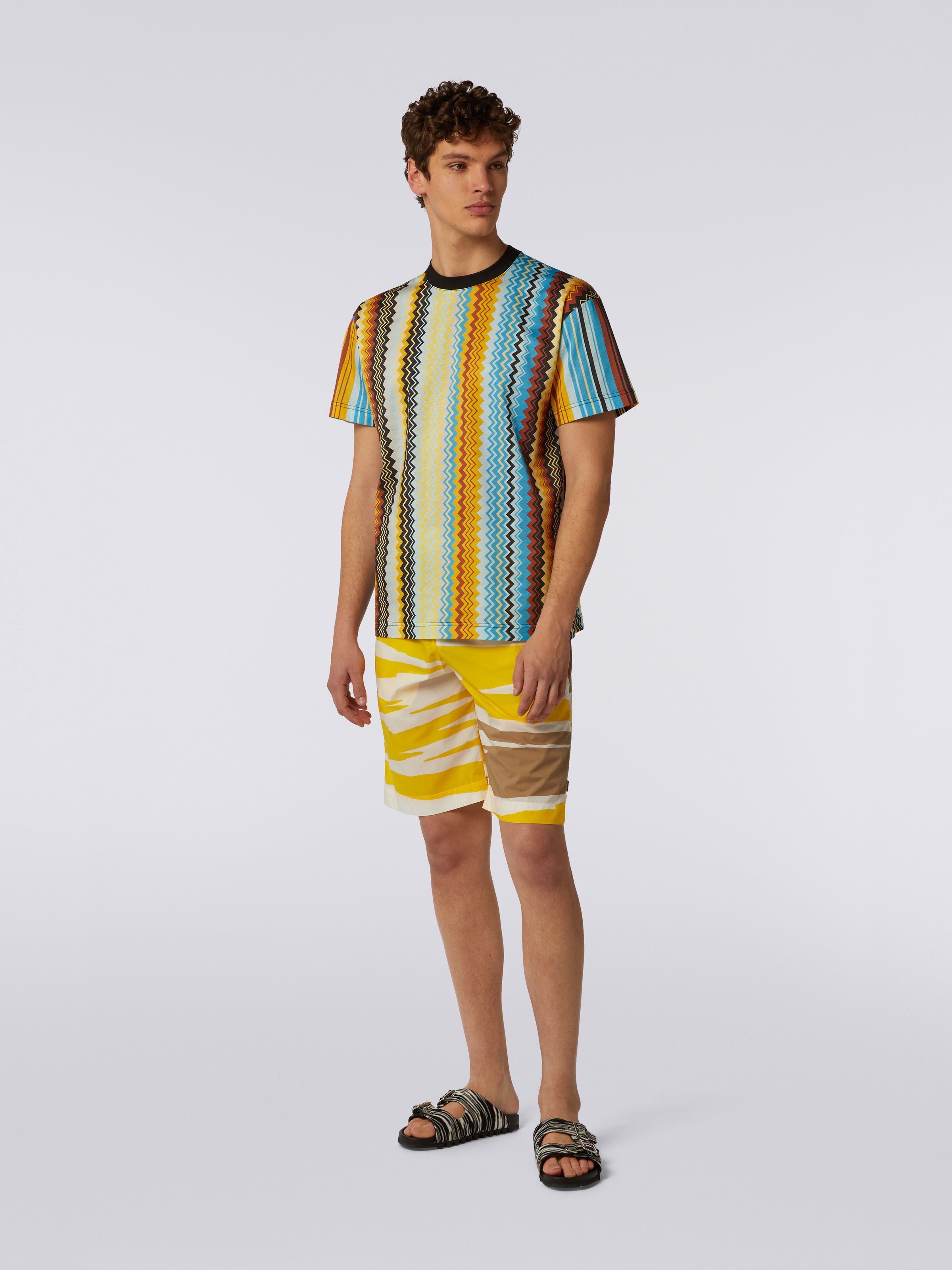 Crew-neck cotton T-shirt with zigzag print, Multicoloured  - 1