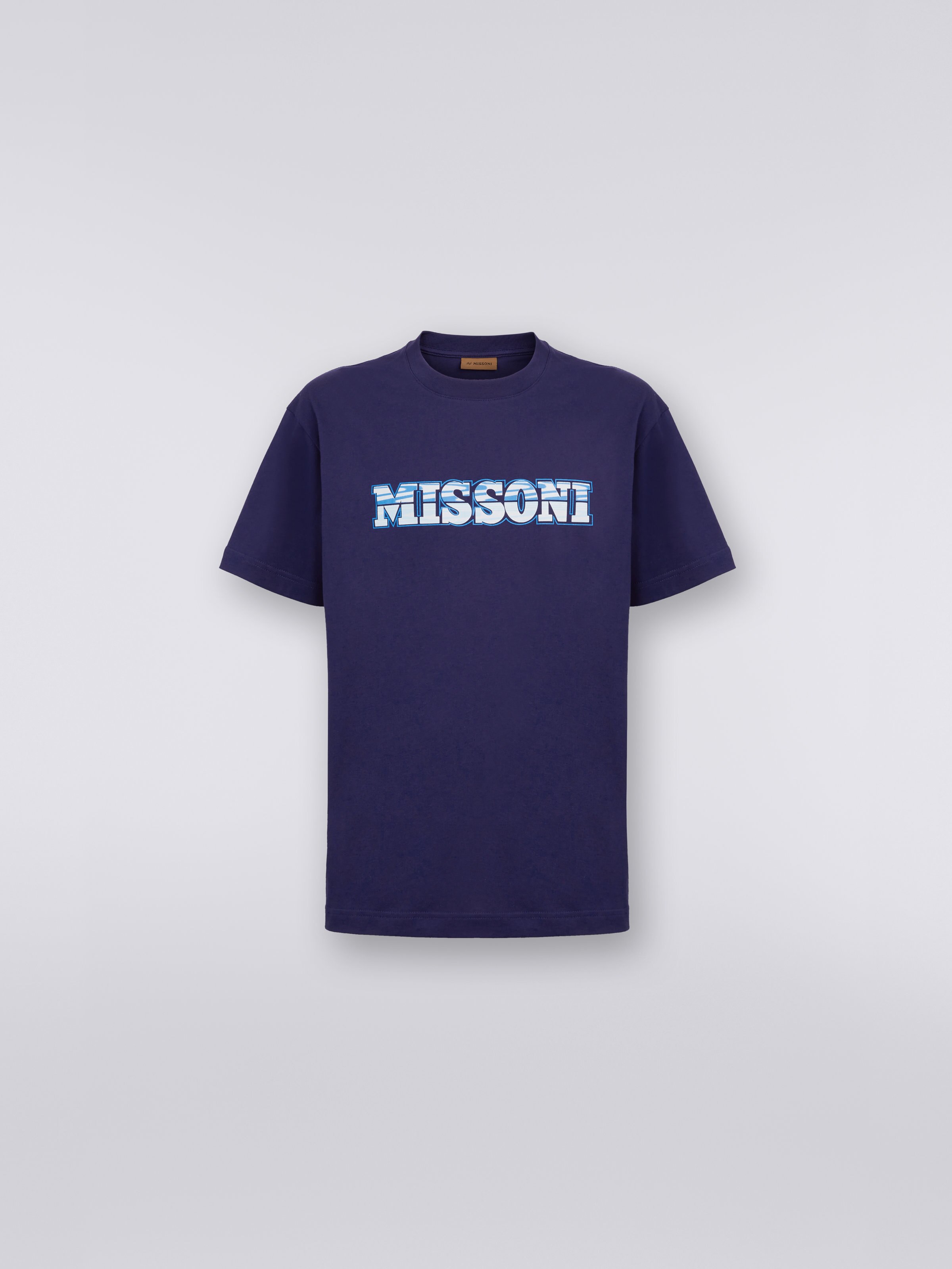 T-shirt girocollo in jersey di cotone stampa logo, Blu - 0
