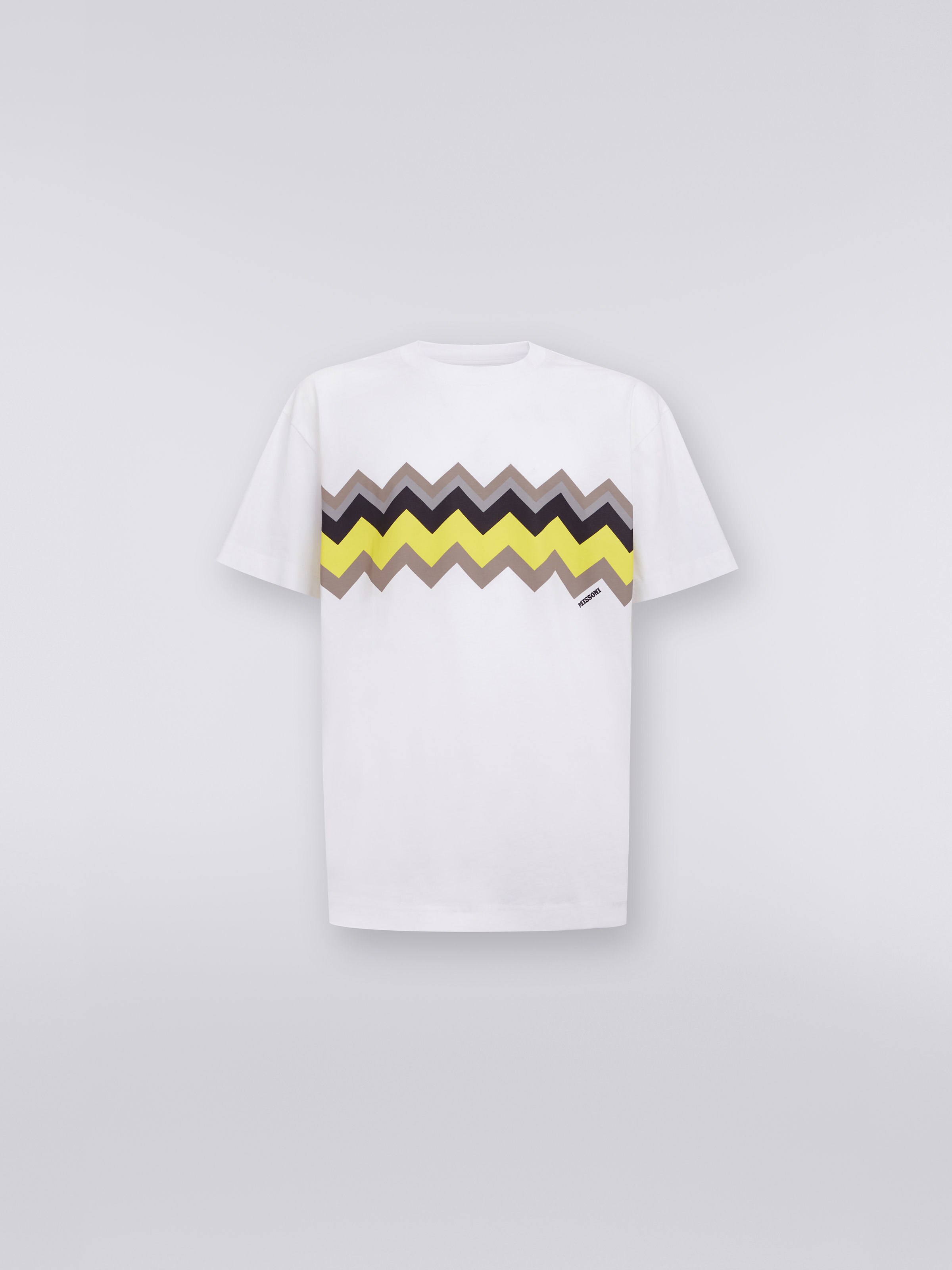 T-shirt à col ras du cou en jersey de coton zigzag, Blanc, Jaune & Gris - 0