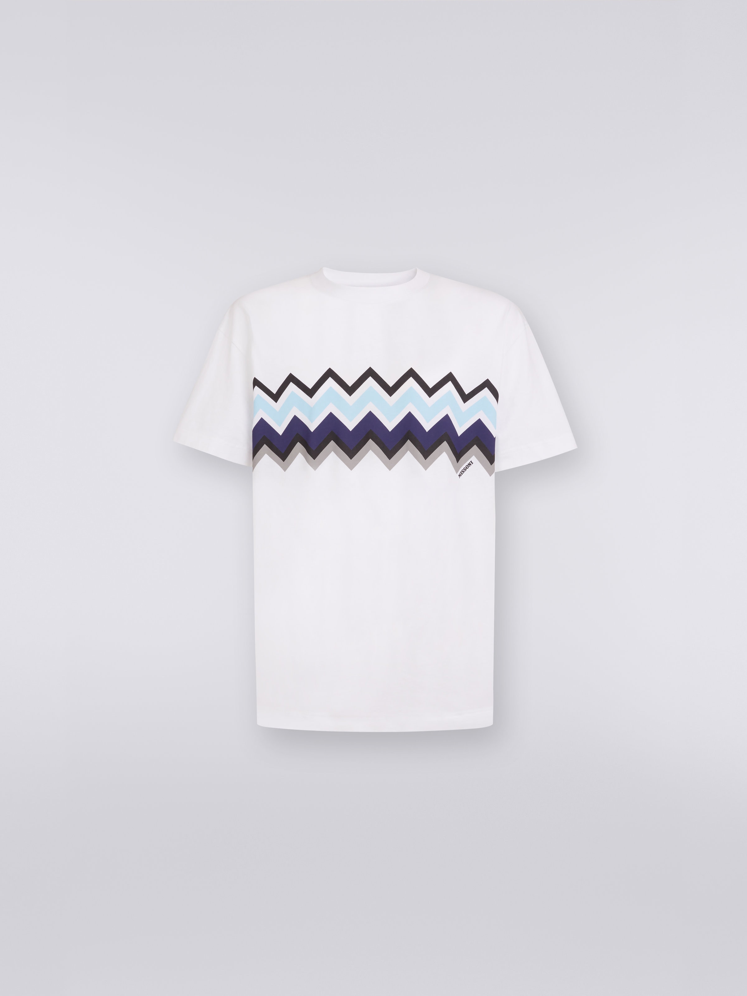 Zigzag cotton jersey crew-neck T-shirt, White, Black & Blue   - 0