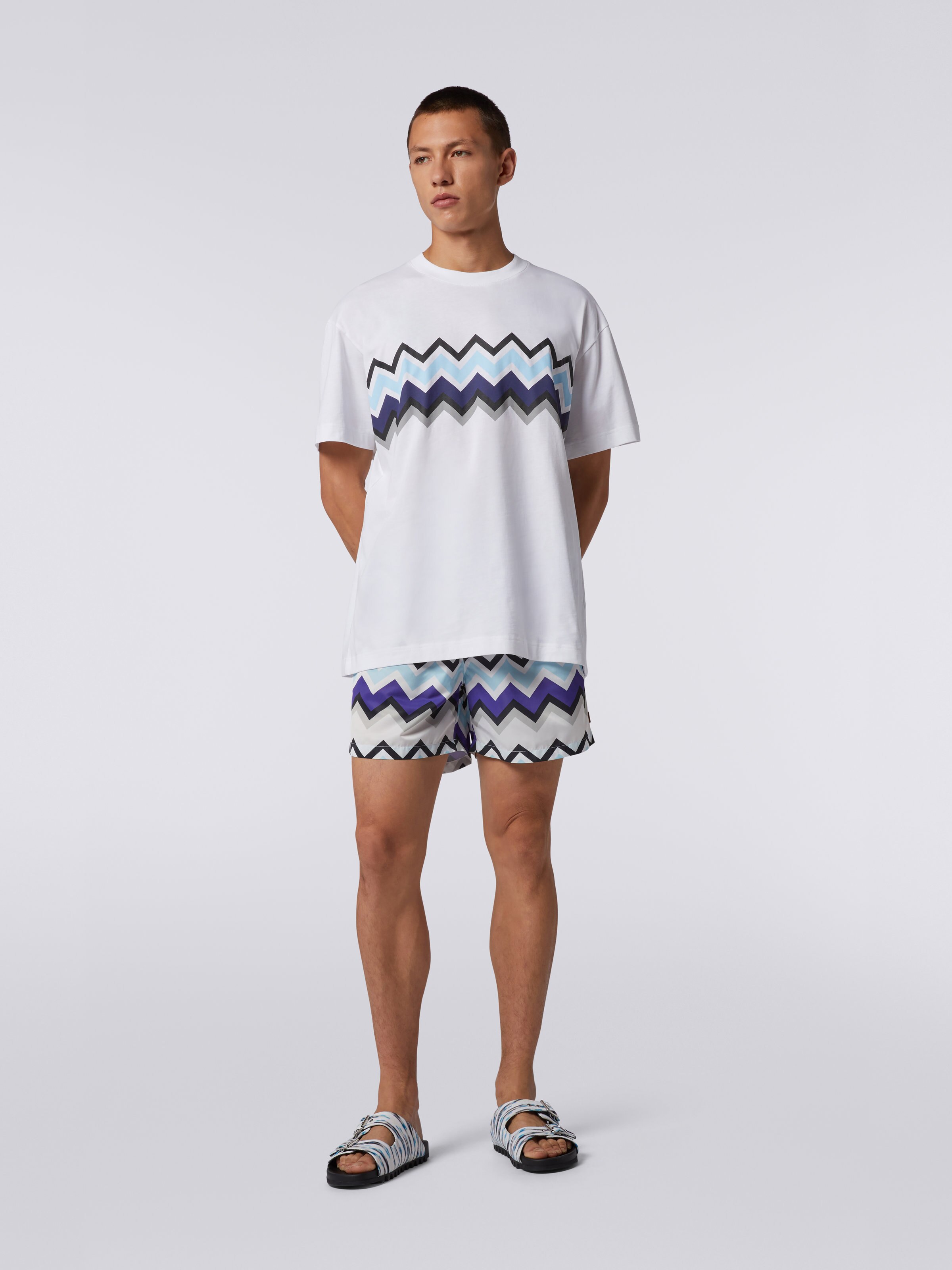 Zigzag cotton jersey crew-neck T-shirt, White, Black & Blue   - 1