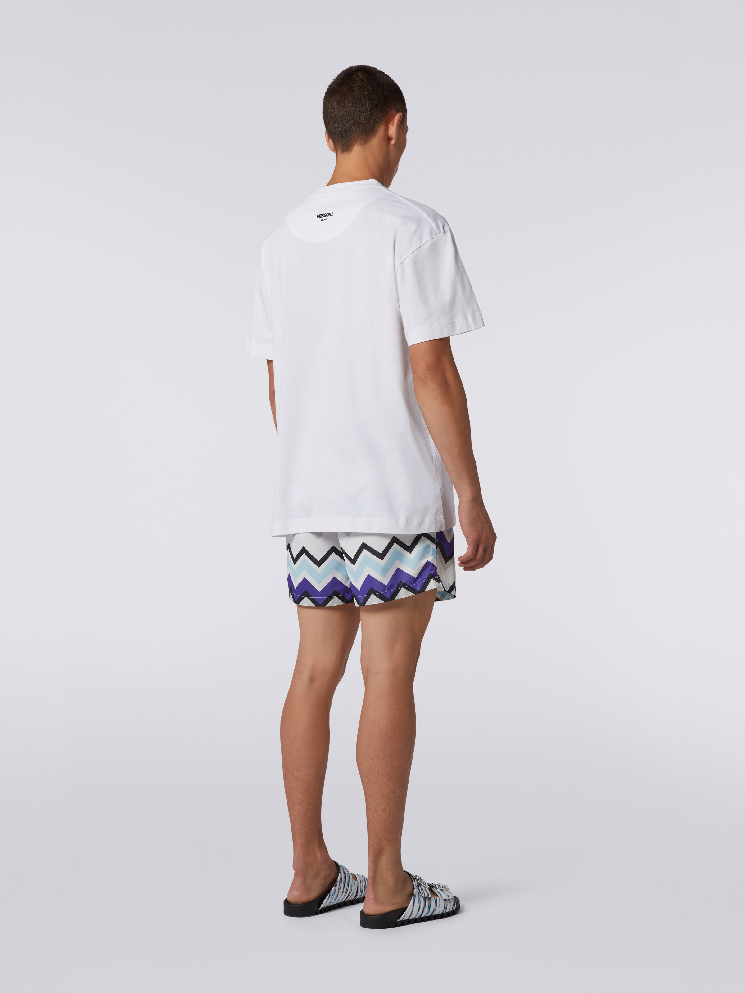 T-shirt girocollo in jersey di cotone zig zag, Bianco, Nero &  Blu   - 3