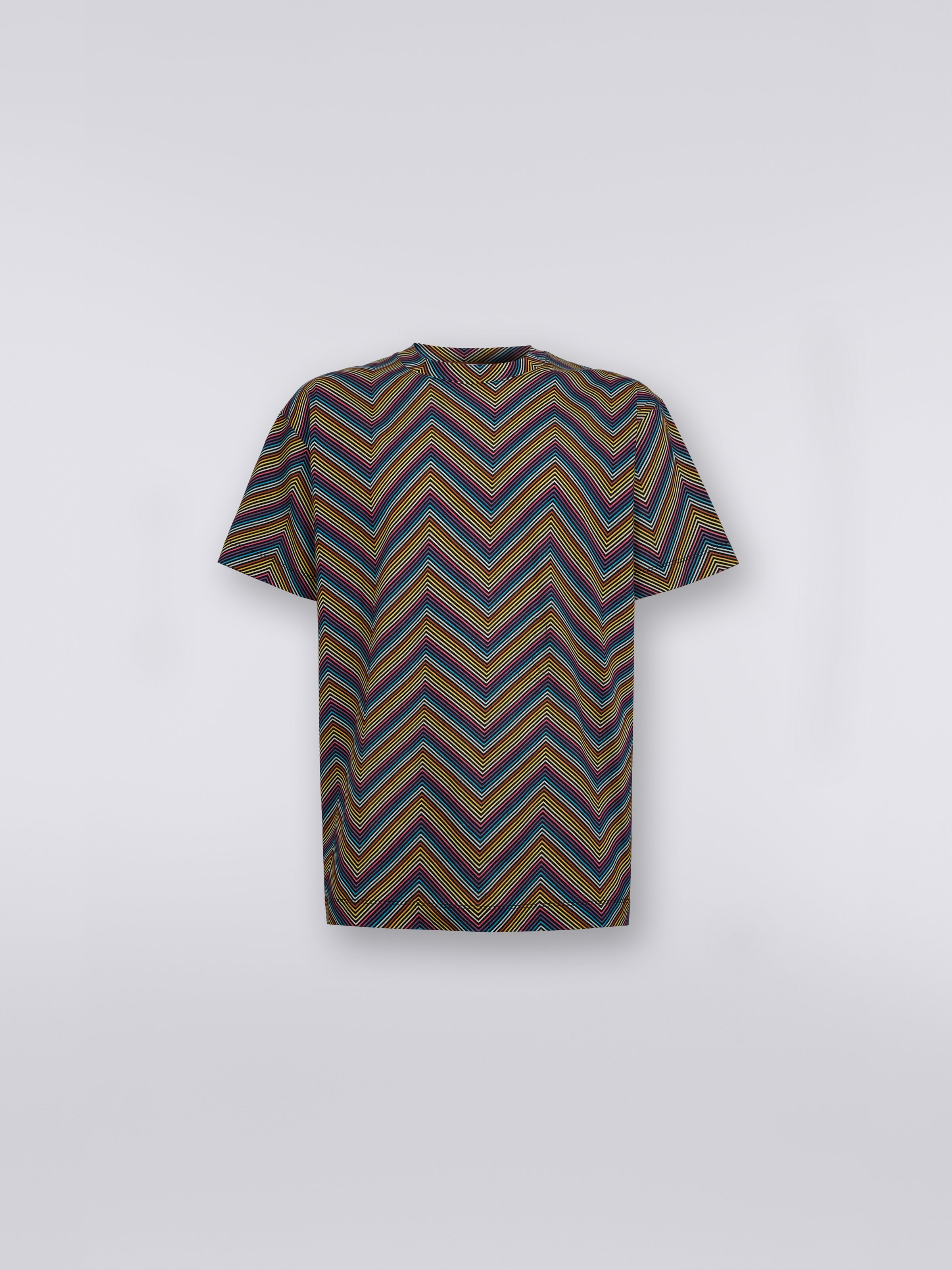 Camiseta de cuello redondo de algodón en zigzag integral, Multicolor  - 0