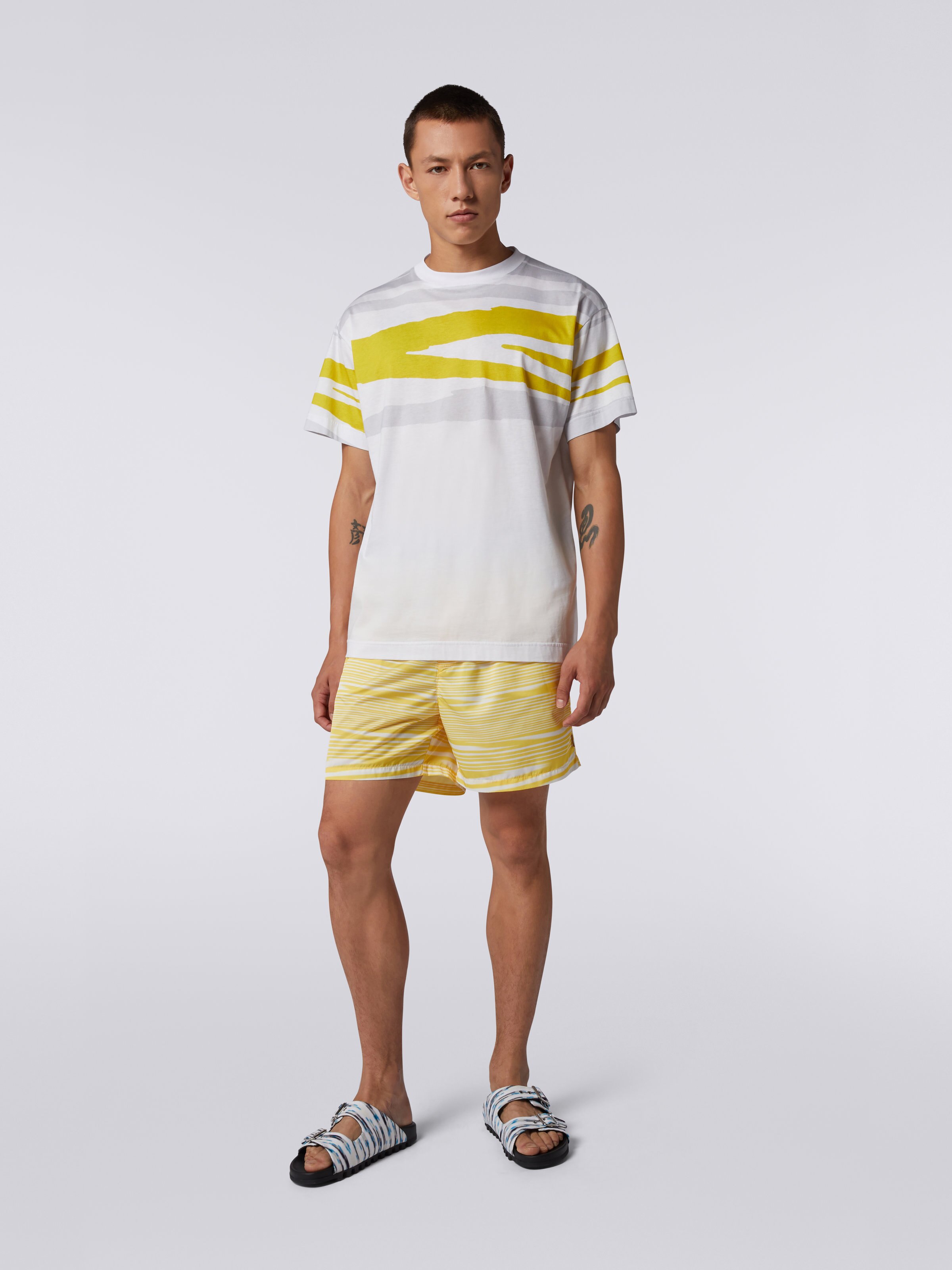 T-shirt girocollo in jersey di cotone fiammato, Bianco, Giallo &  Grigio - 1