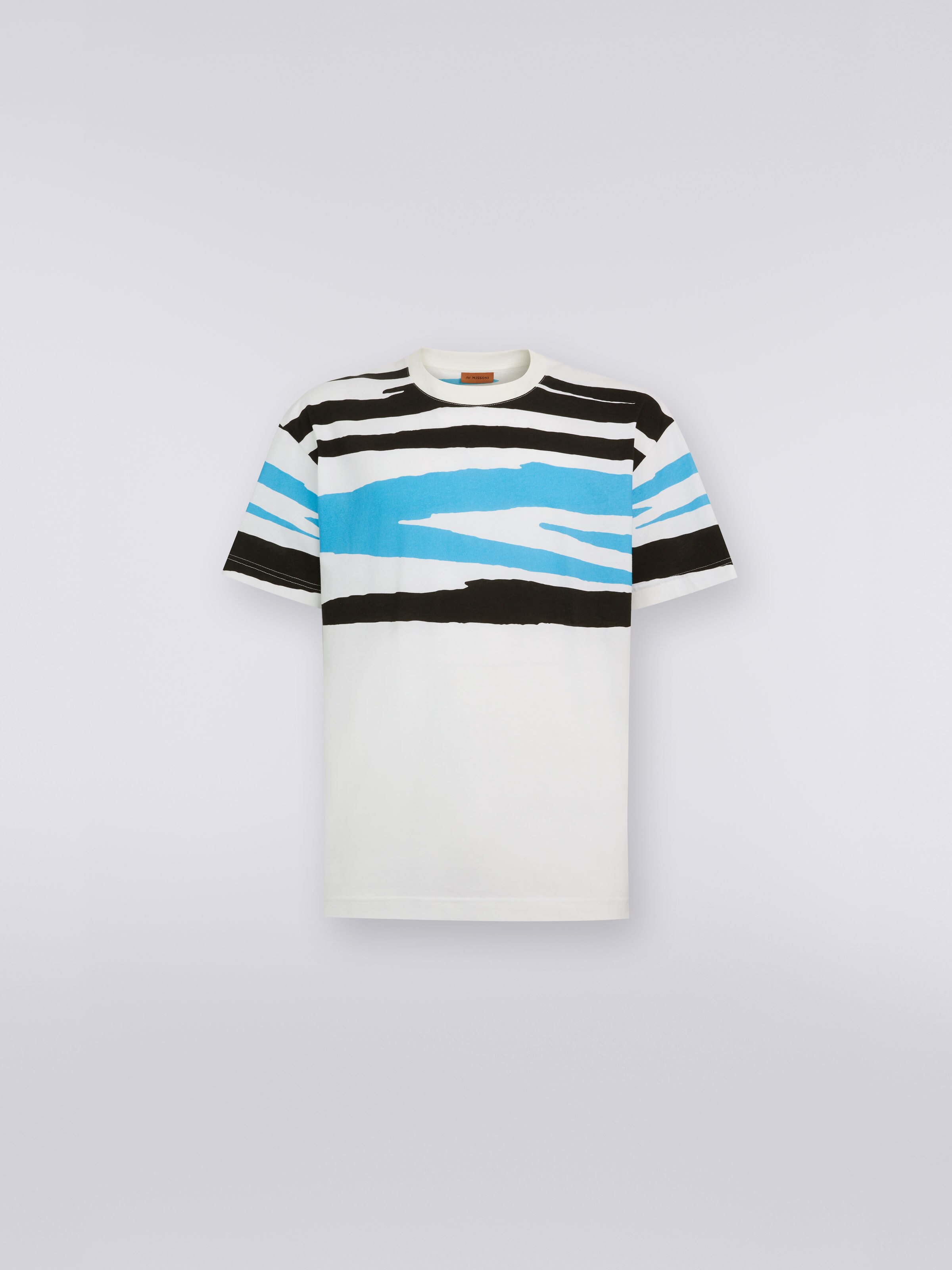 Tシャツ ラウンドネック コットンジャージー スラブモチーフ, ホワイト＆ブラック＆ブルー   - 0