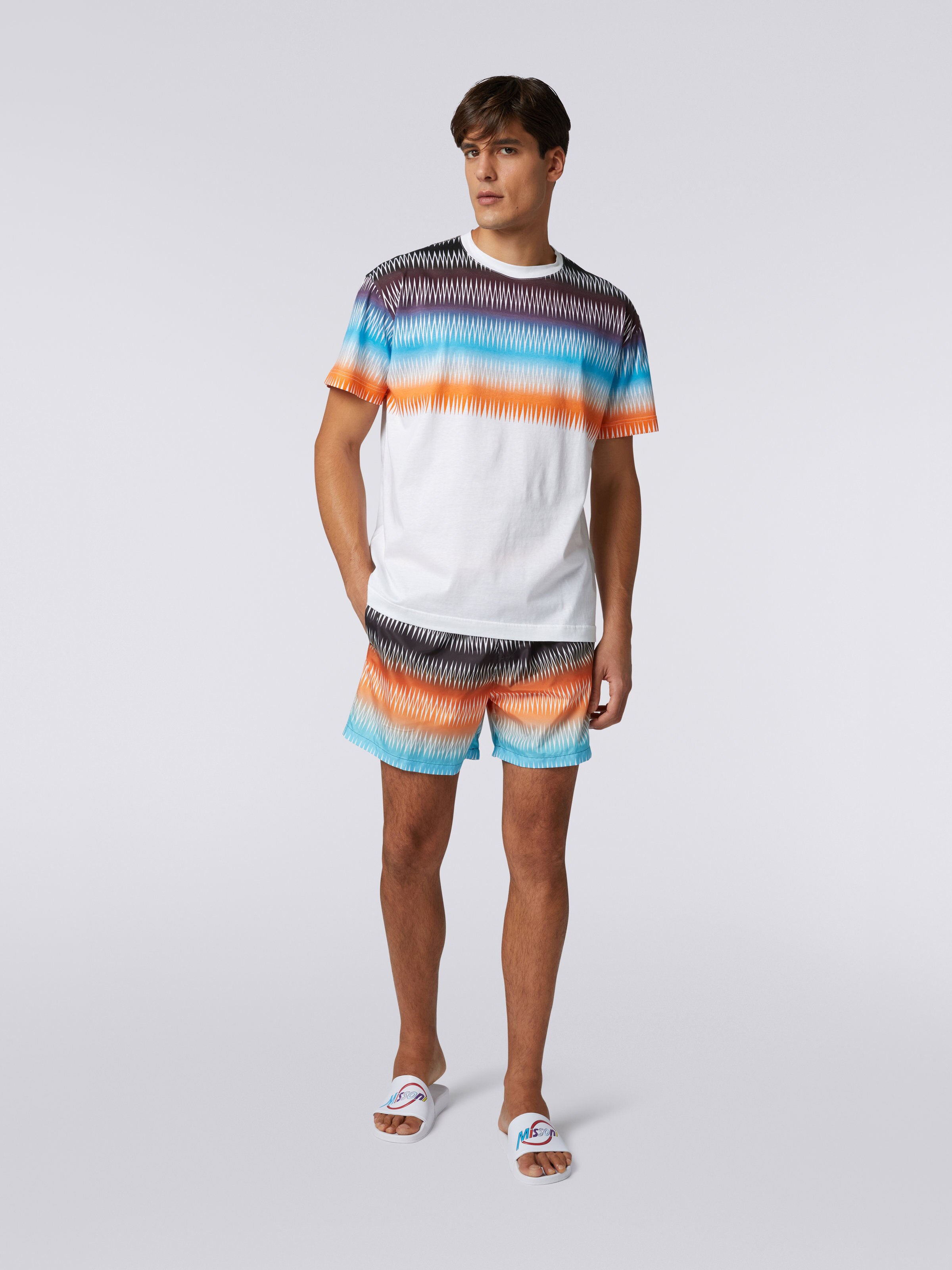 Oversized cotton crew-neck T-shirt with dégradé zigzag print, Multicoloured - 1