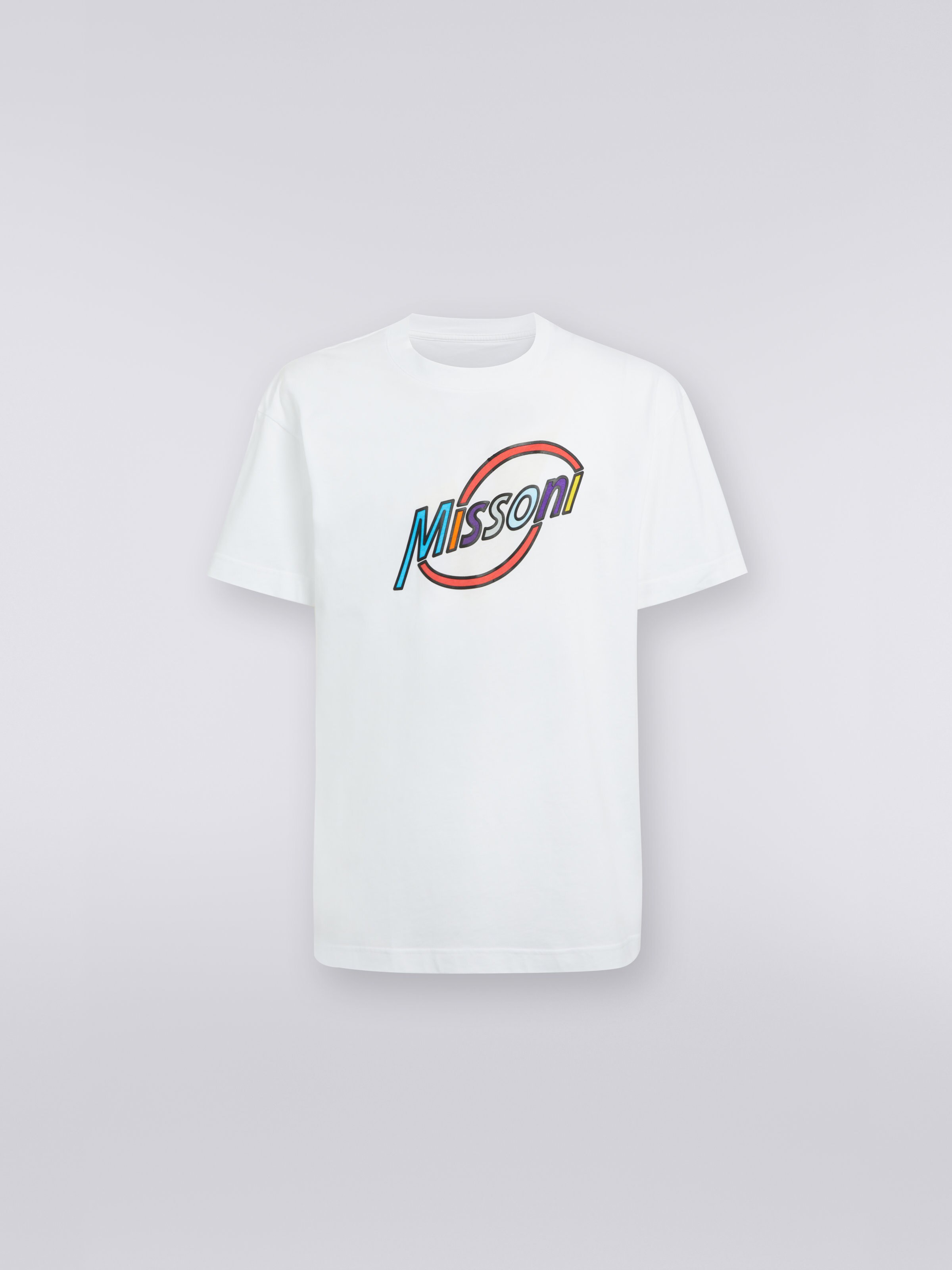 Crew-neck oversized cotton T-shirt with multicoloured logo lettering, White  - 0