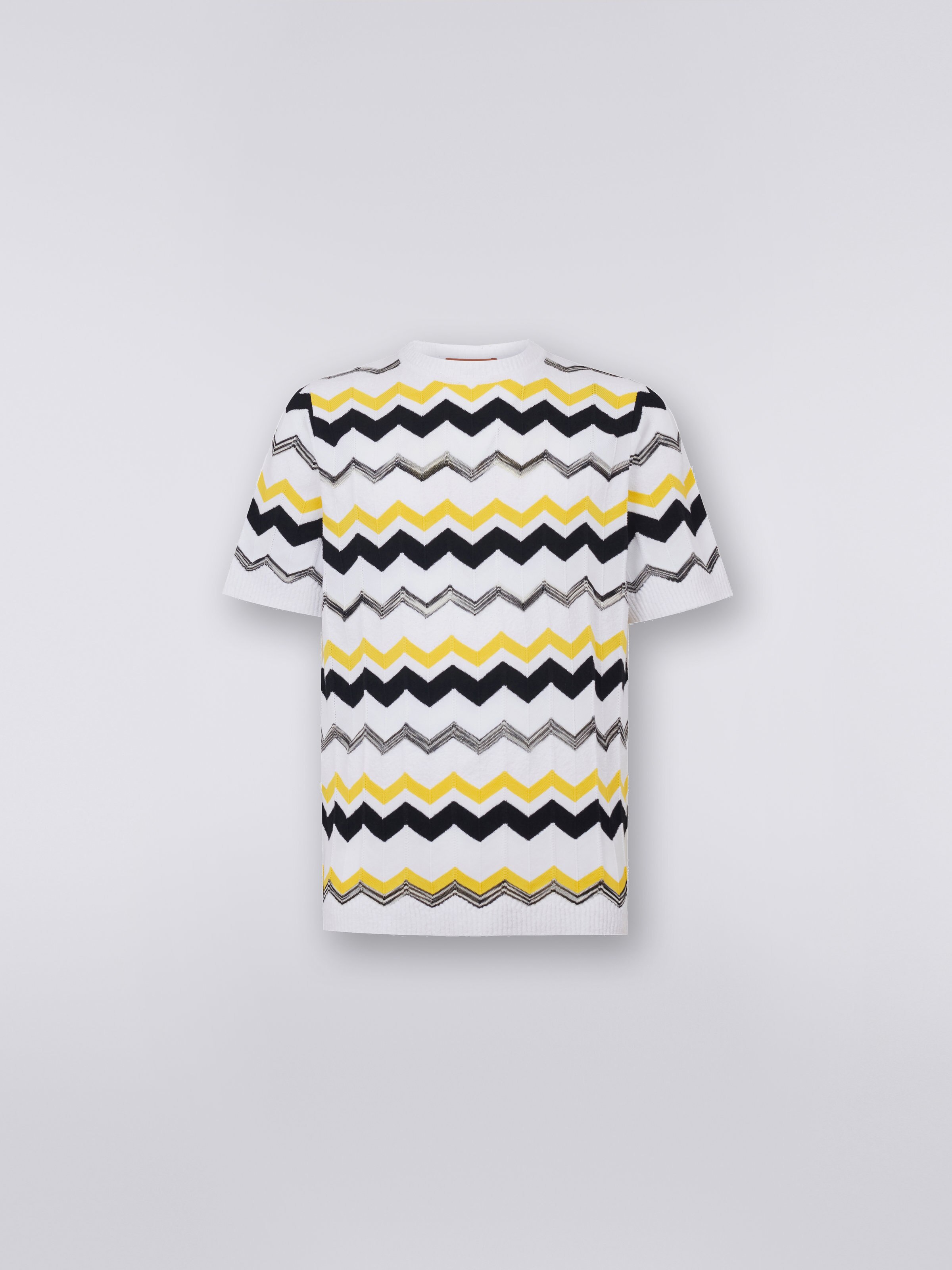 Short-sleeved crew-neck T-shirt in chevron cotton knit, White, Beige & Yellow - 0