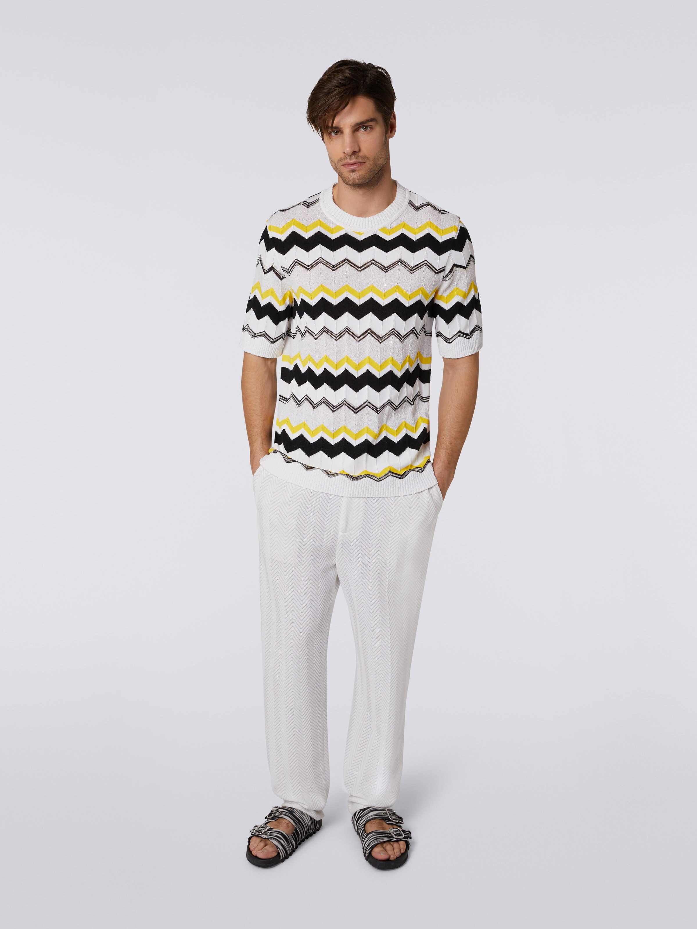 Short-sleeved crew-neck T-shirt in chevron cotton knit, White, Beige & Yellow - 1