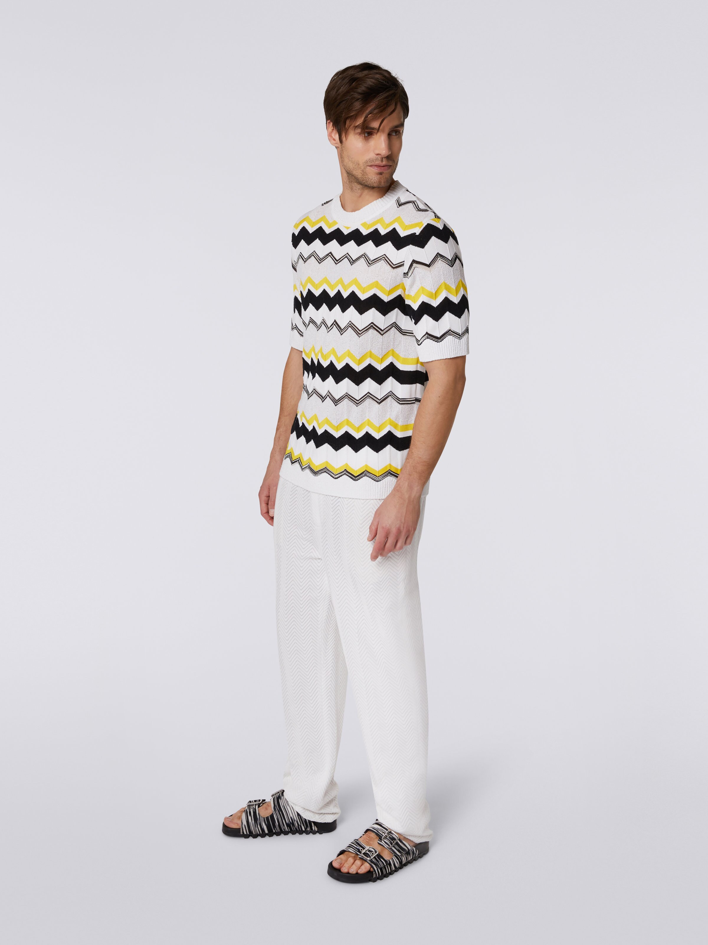 Short-sleeved crew-neck T-shirt in chevron cotton knit, White, Beige & Yellow - 2