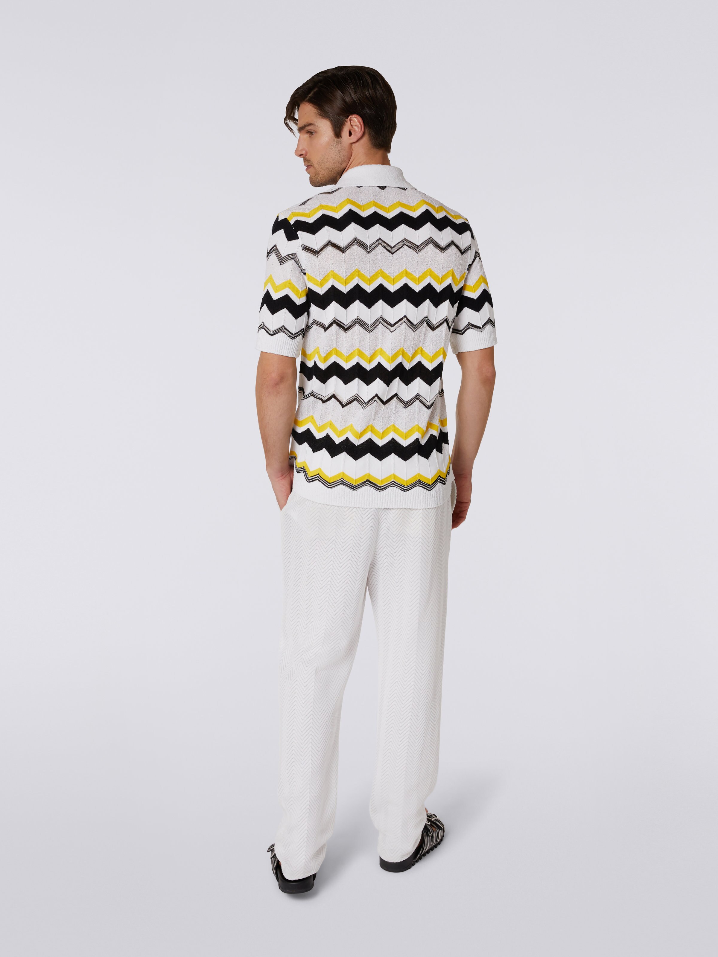 Short-sleeved crew-neck T-shirt in chevron cotton knit, White, Beige & Yellow - 3