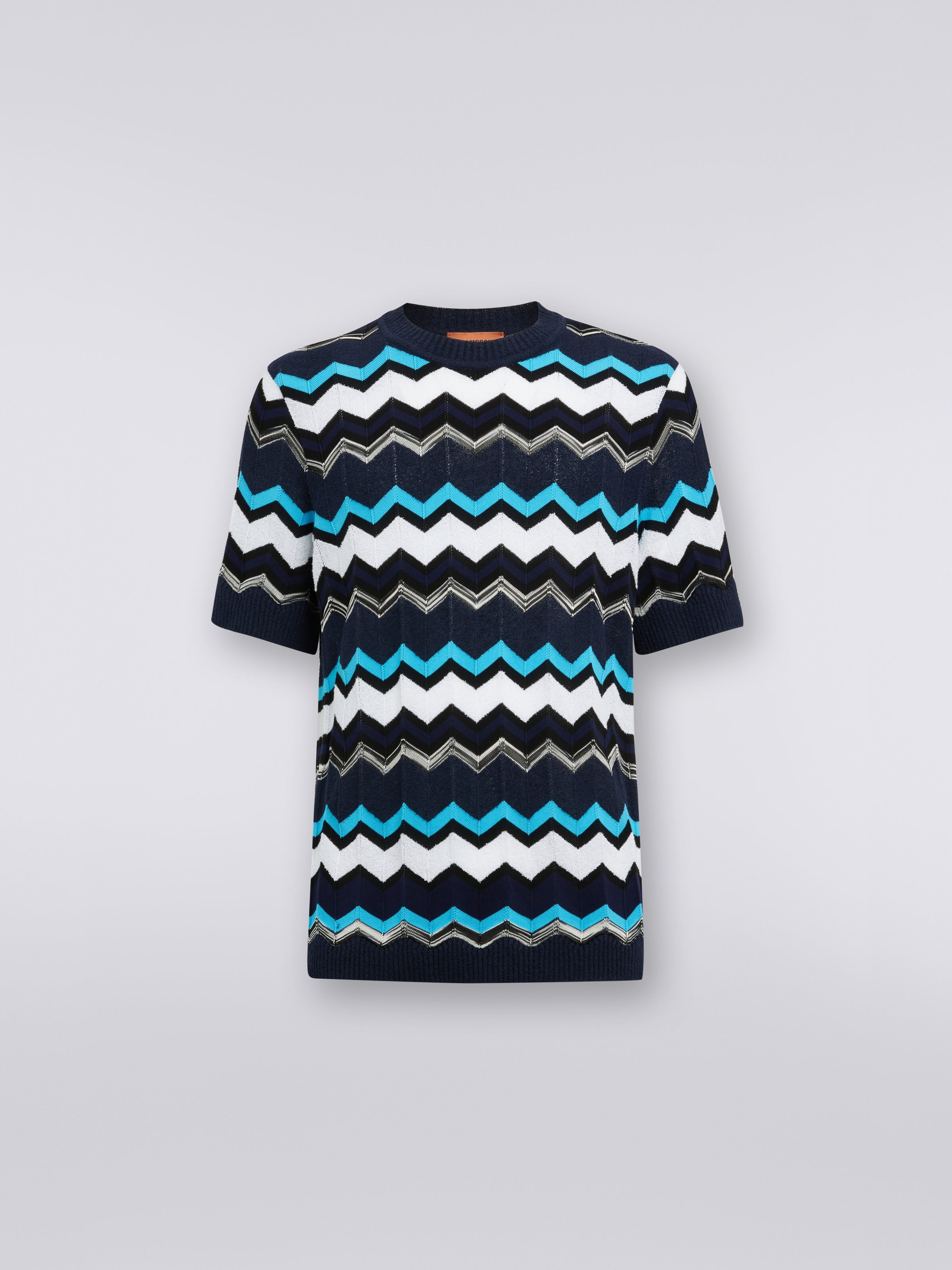 Short-sleeved crew-neck T-shirt in chevron cotton knit, White, Black & Blue   - 0