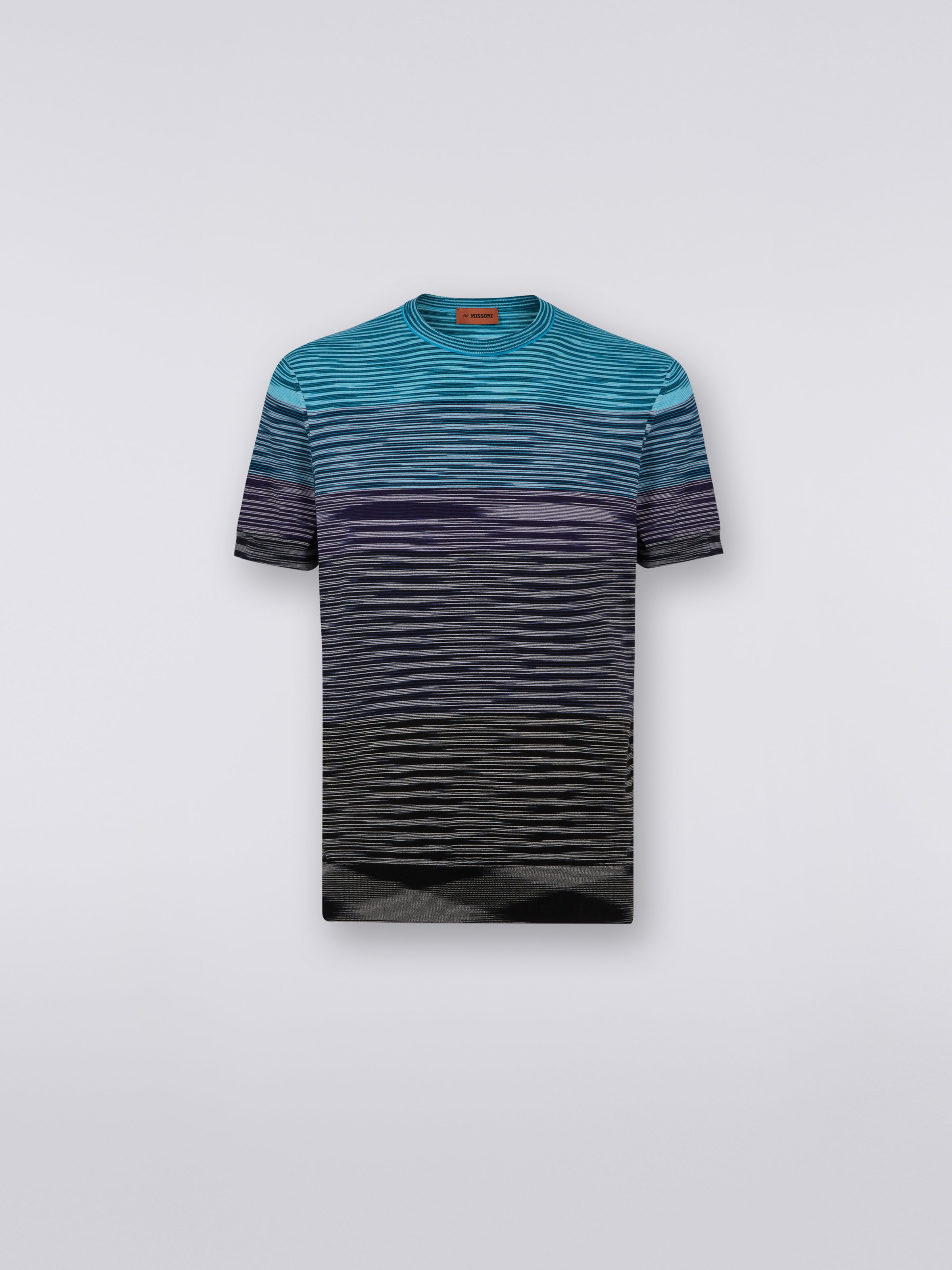 Short-sleeved crew-neck T-shirt in cotton knit with dégradé stripes, Blue, Purple & Black - 0