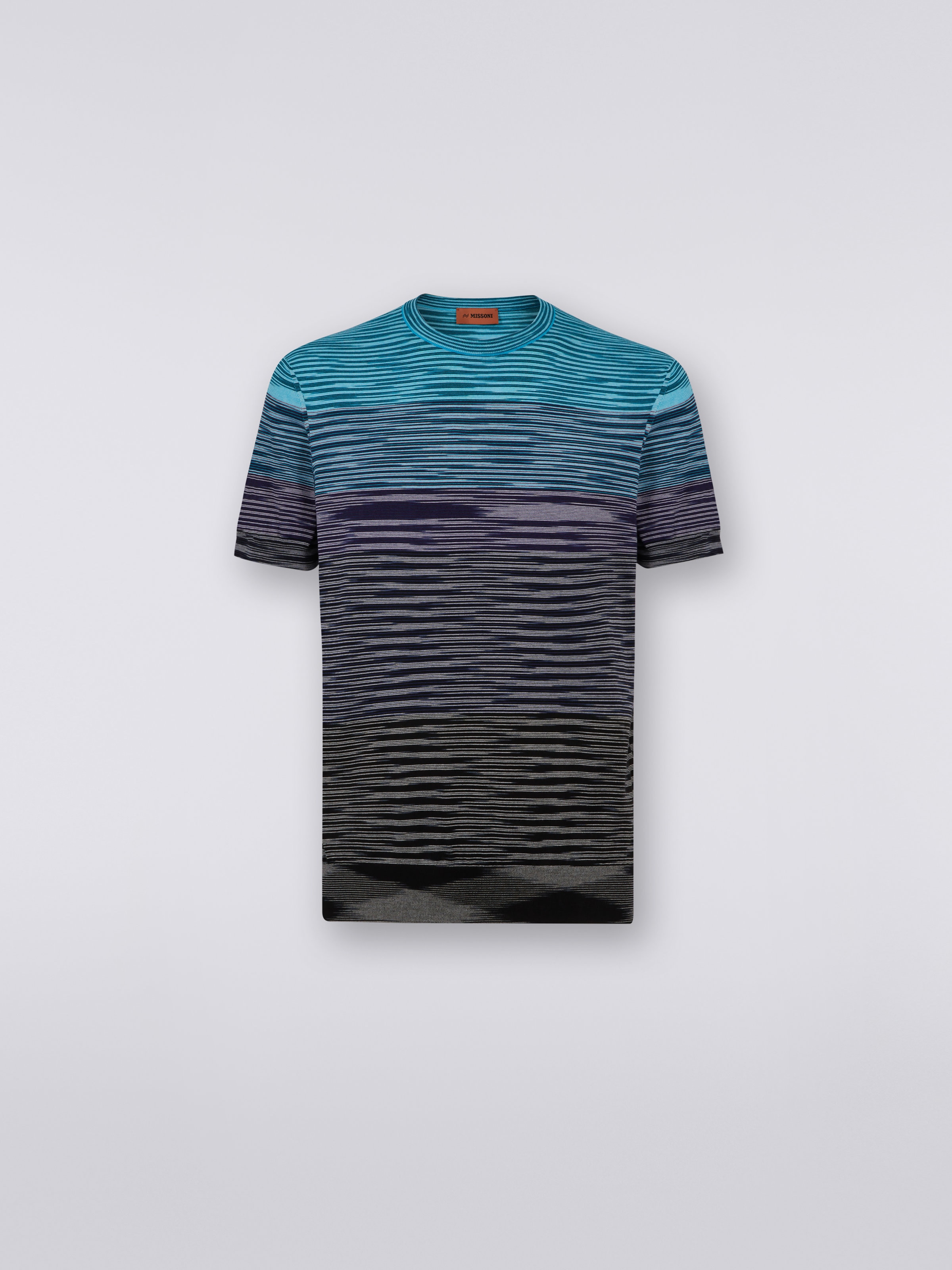 Short-sleeved crew-neck T-shirt in cotton knit with dégradé stripes, Blue, Purple & Black - 0