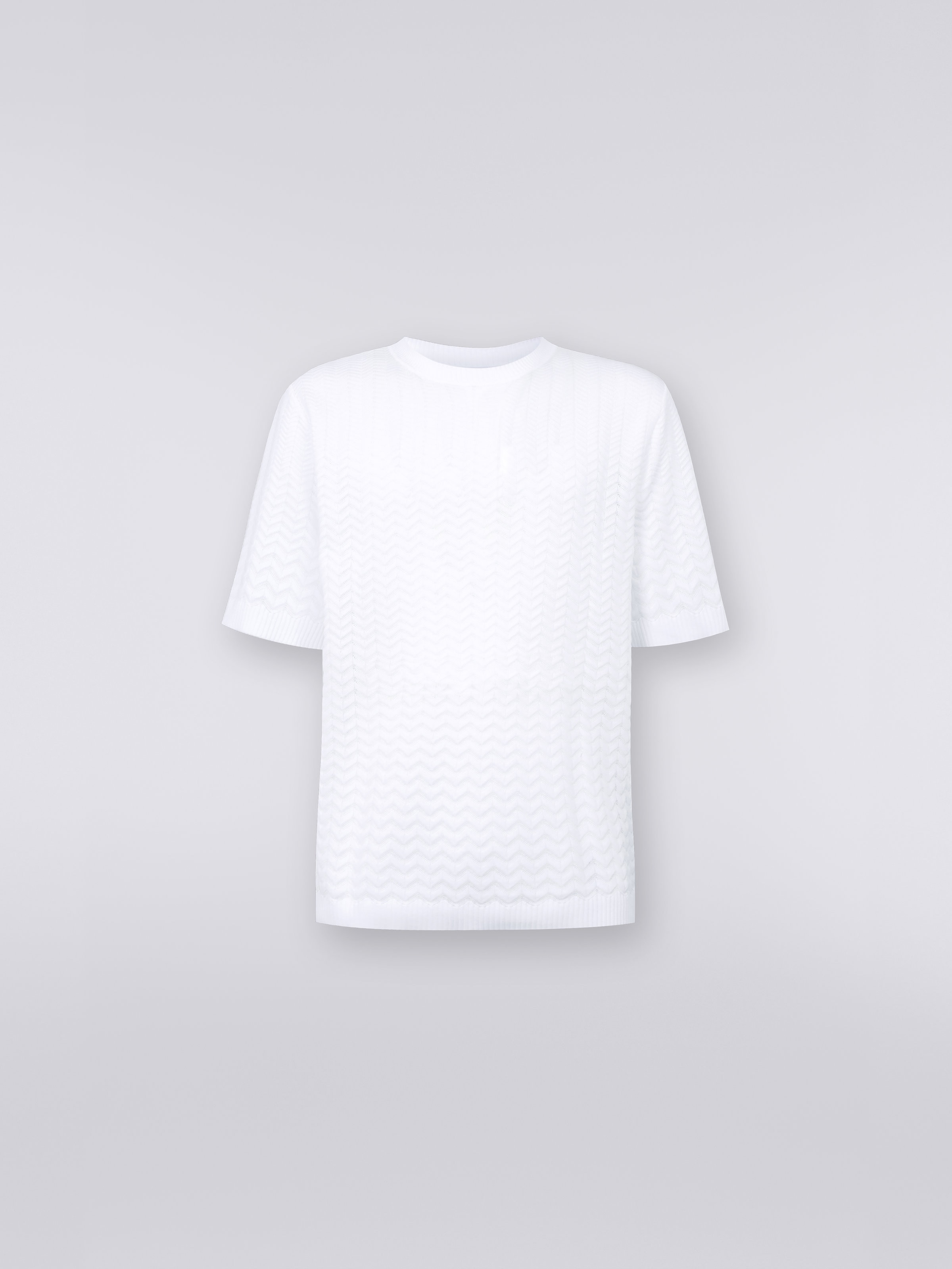 T-shirt girocollo in cotone con chevron tono su tono, Bianco  - 0