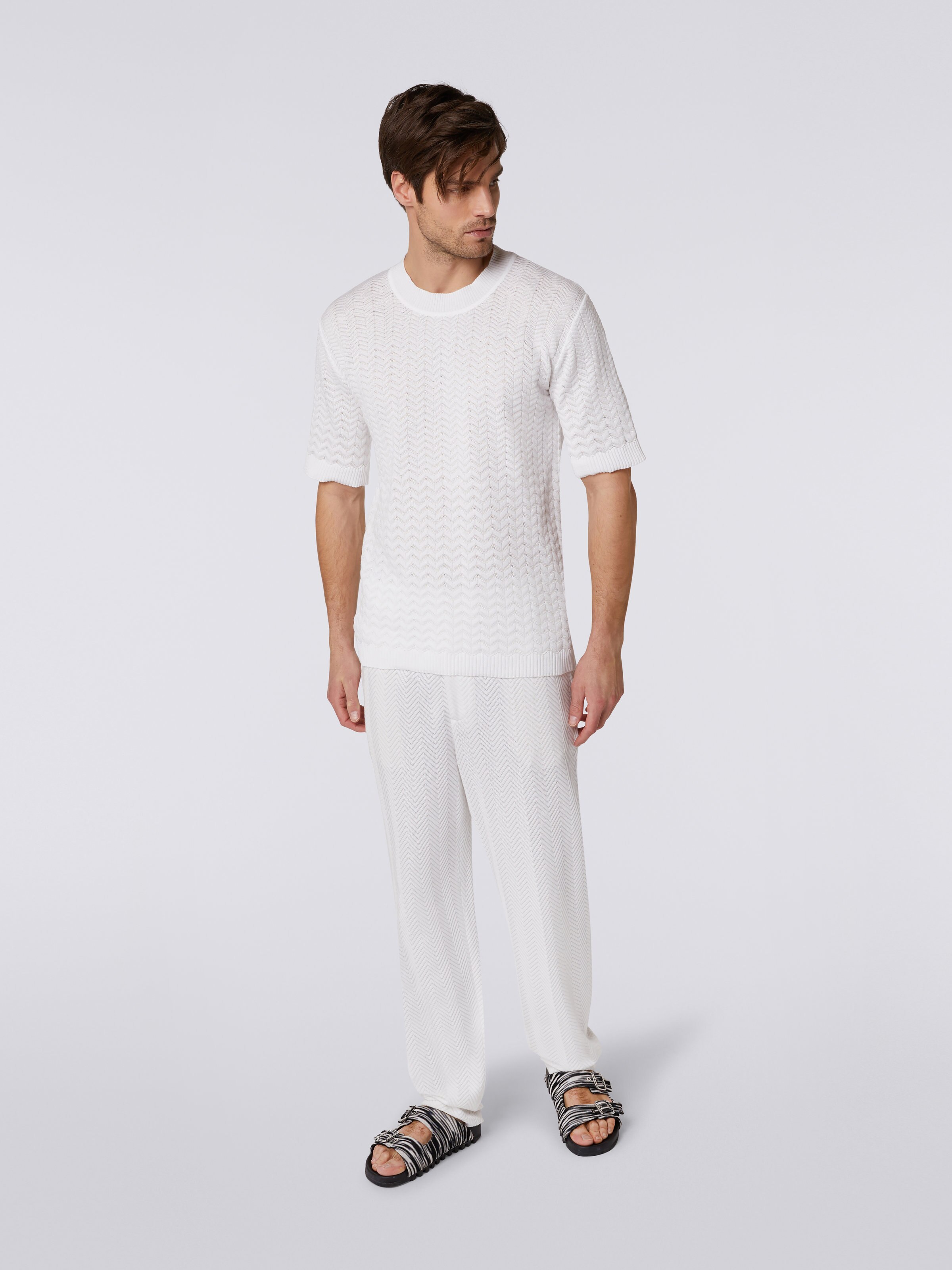 T-shirt girocollo in cotone con chevron tono su tono, Bianco  - 1