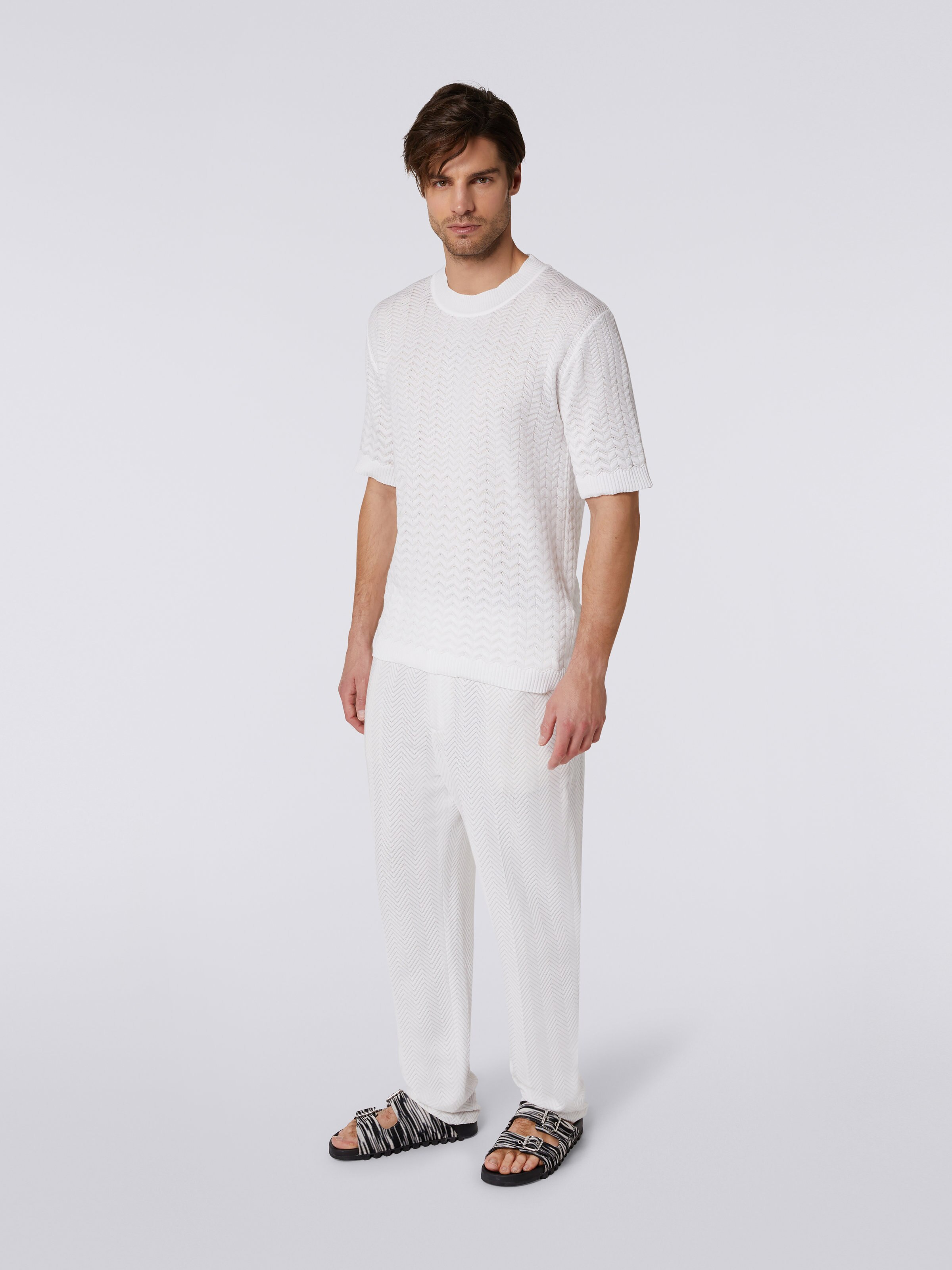 T-shirt girocollo in cotone con chevron tono su tono, Bianco  - 2
