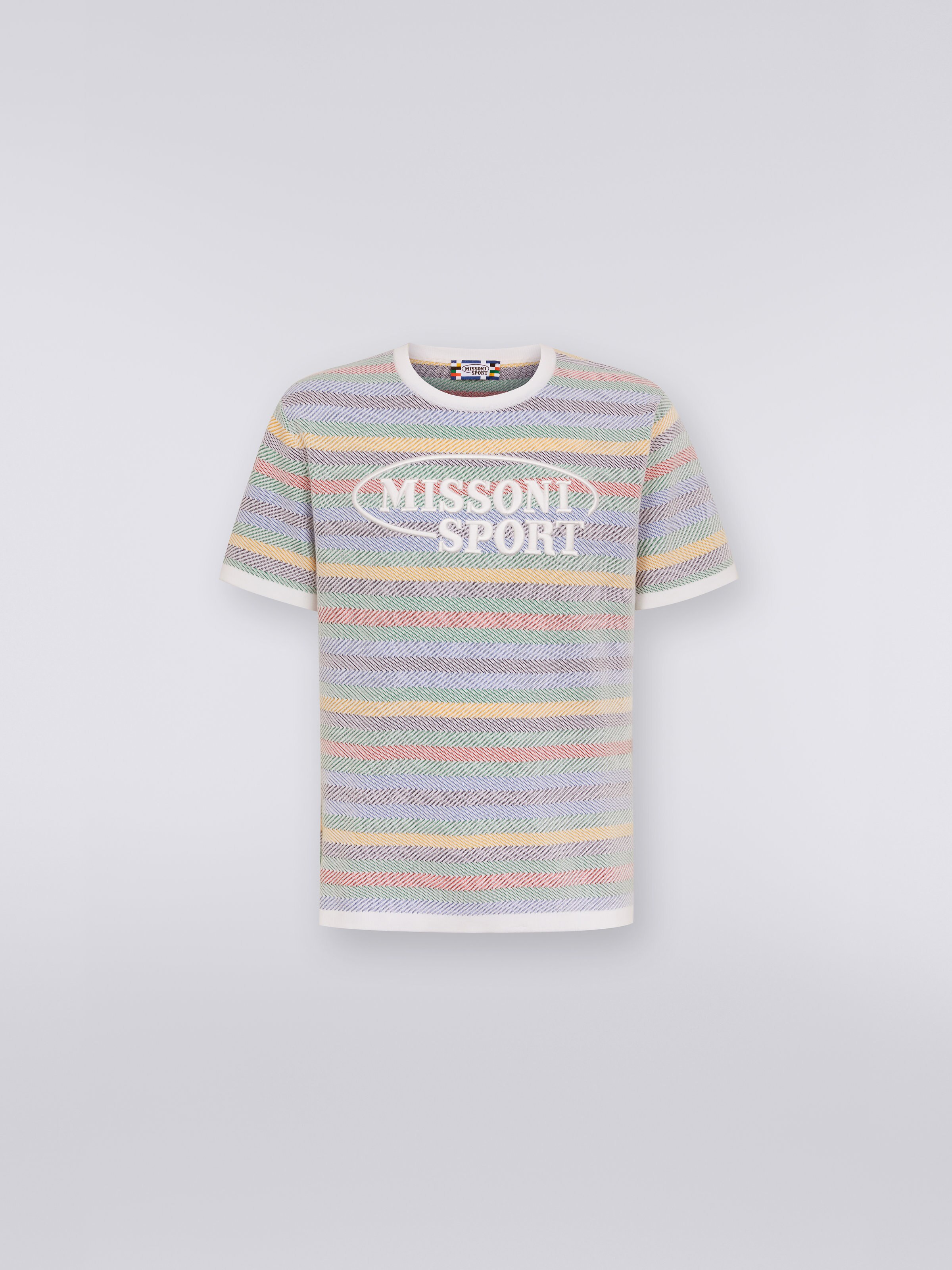 Rundhals-T-Shirt mit Jacquard-Verarbeitung und Streifen aus Strick, Mehrfarbig  - 0