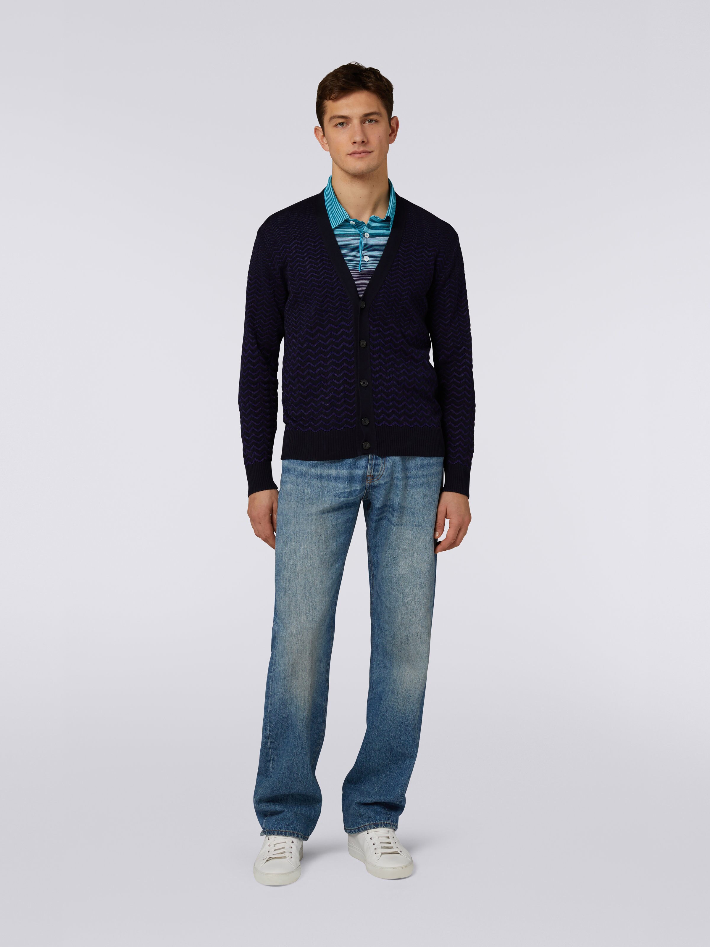 Cardigan in cotone con toppe multicolore, Blu Scuro - 1