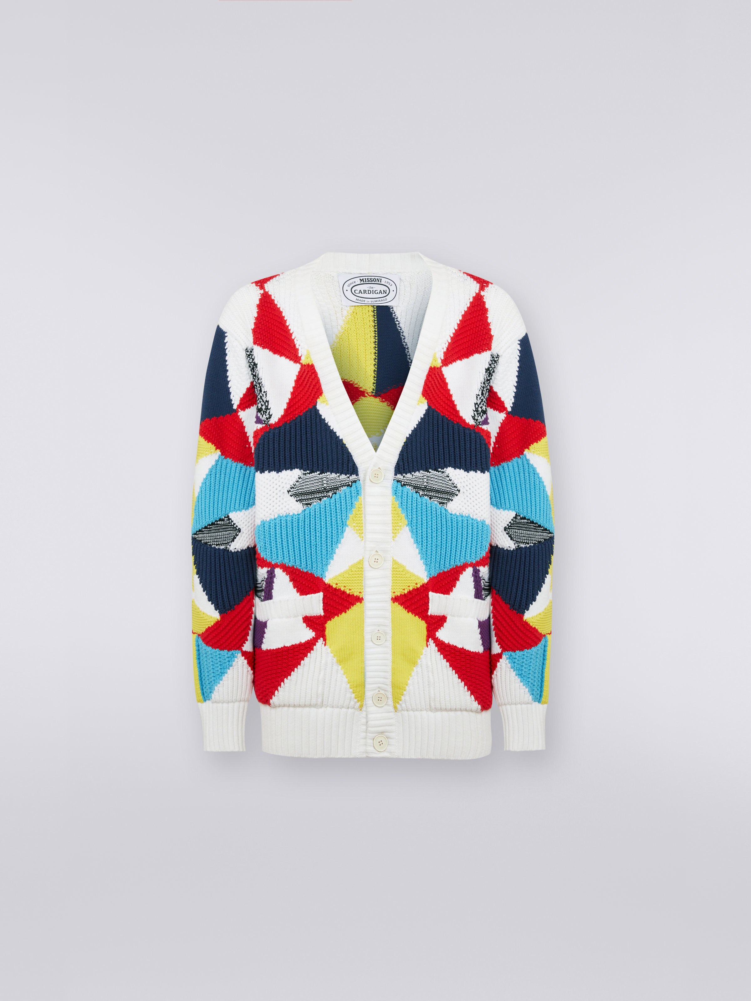 Cotton blend cardigan with multi-point intarsia details, Multicoloured - 0