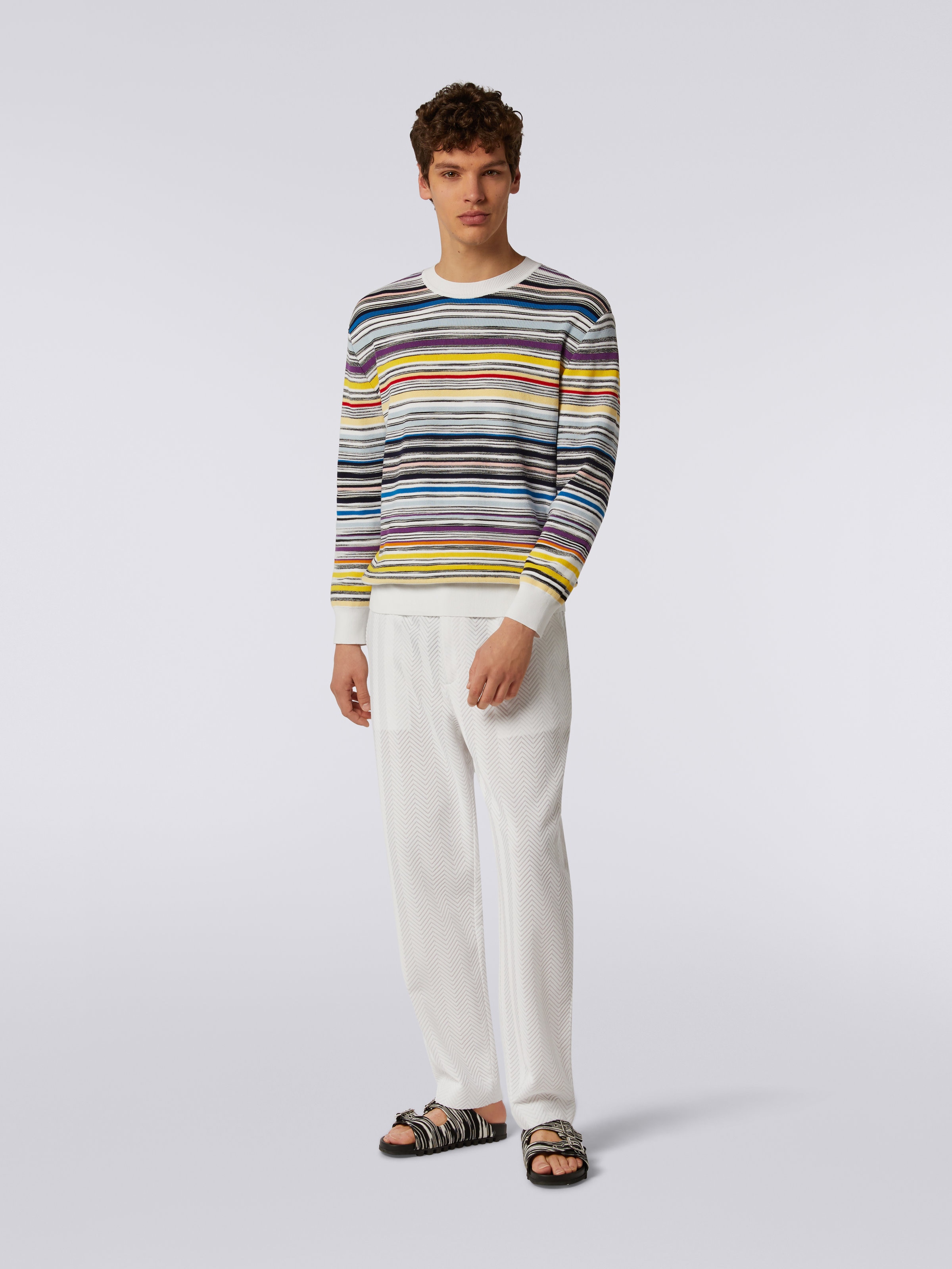 Crew-neck jumper in striped cotton, Multicoloured - 1