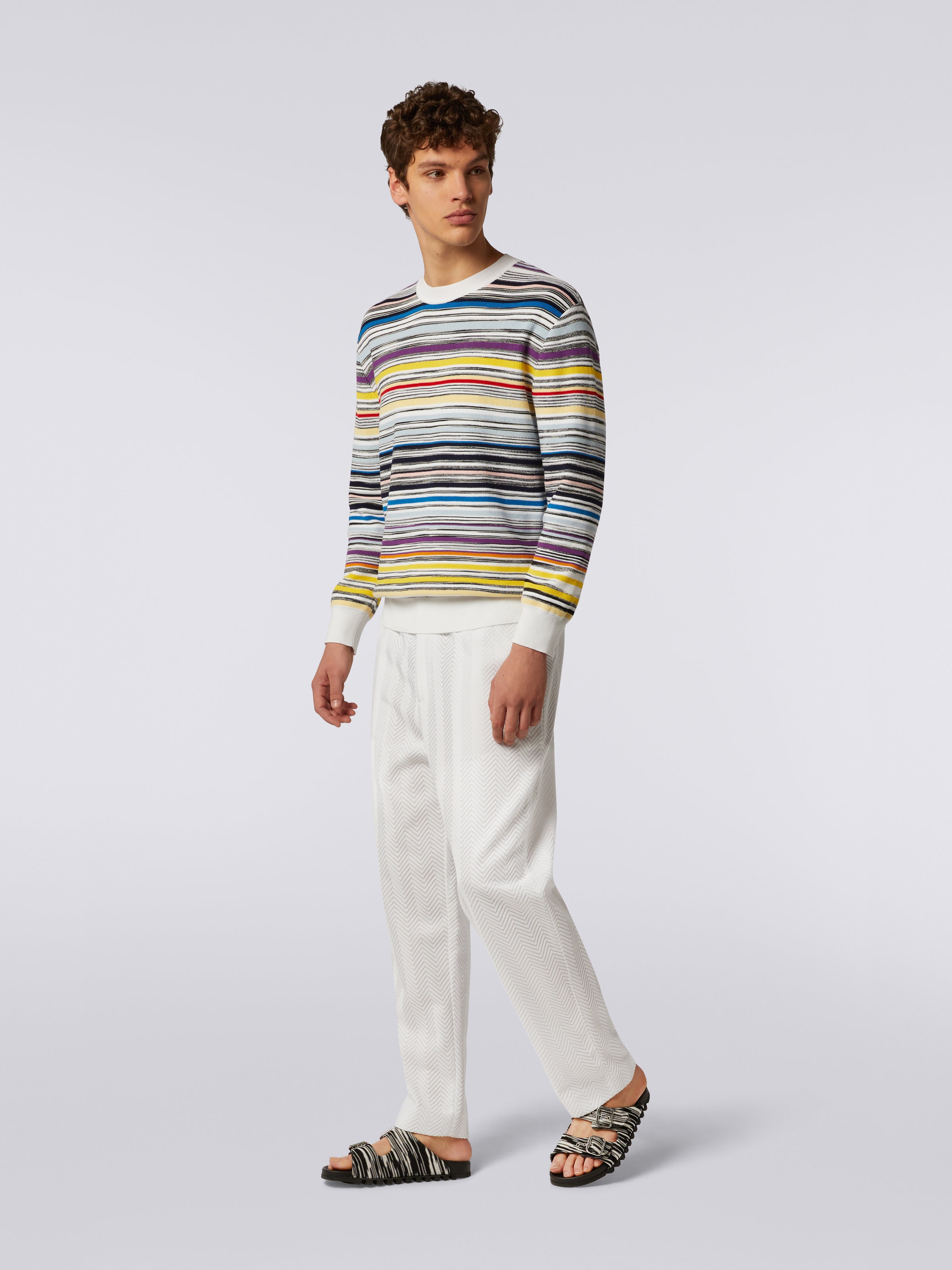 Crew-neck jumper in striped cotton, Multicoloured - 2