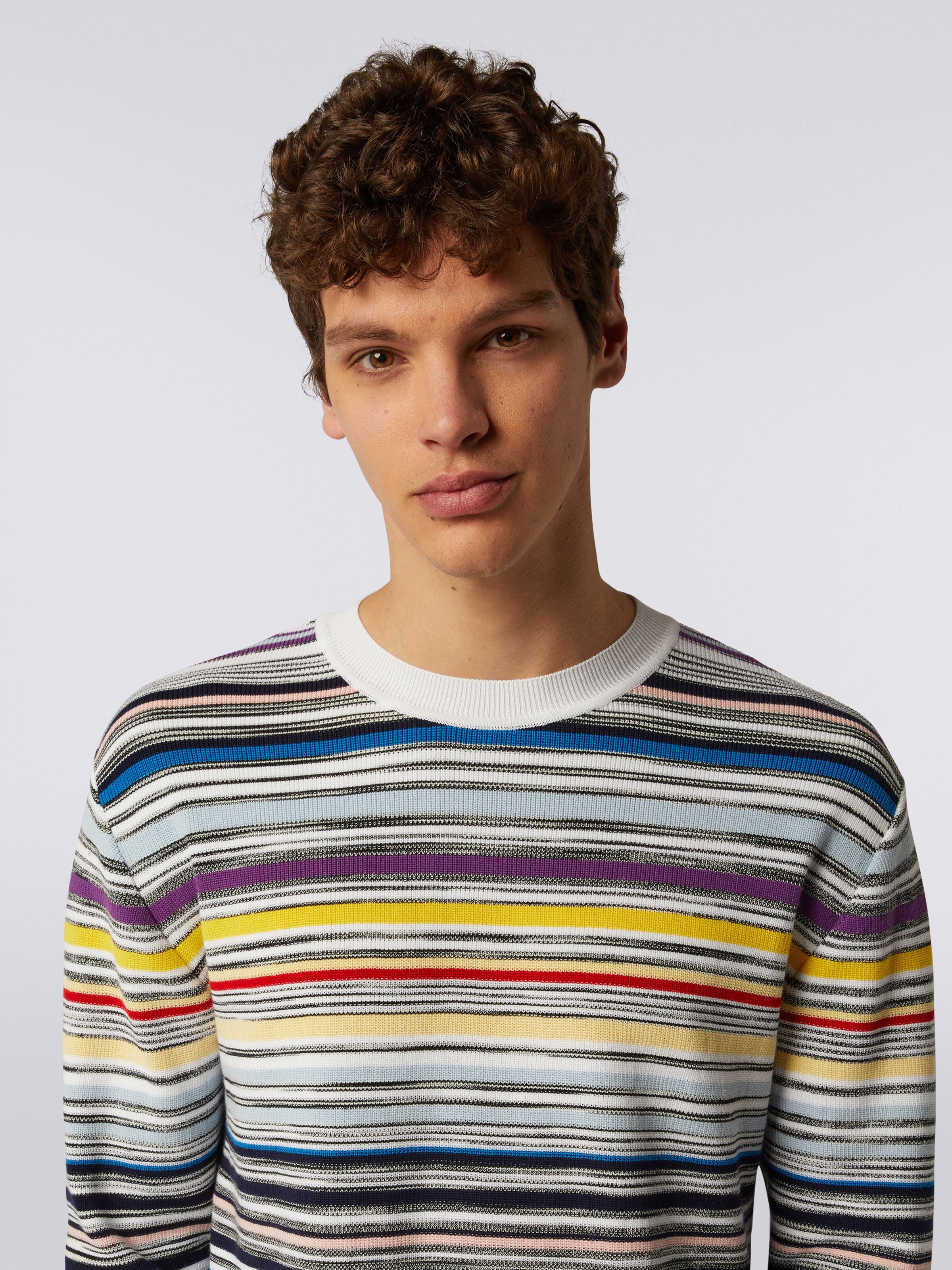 Crew-neck jumper in striped cotton, Multicoloured - 4