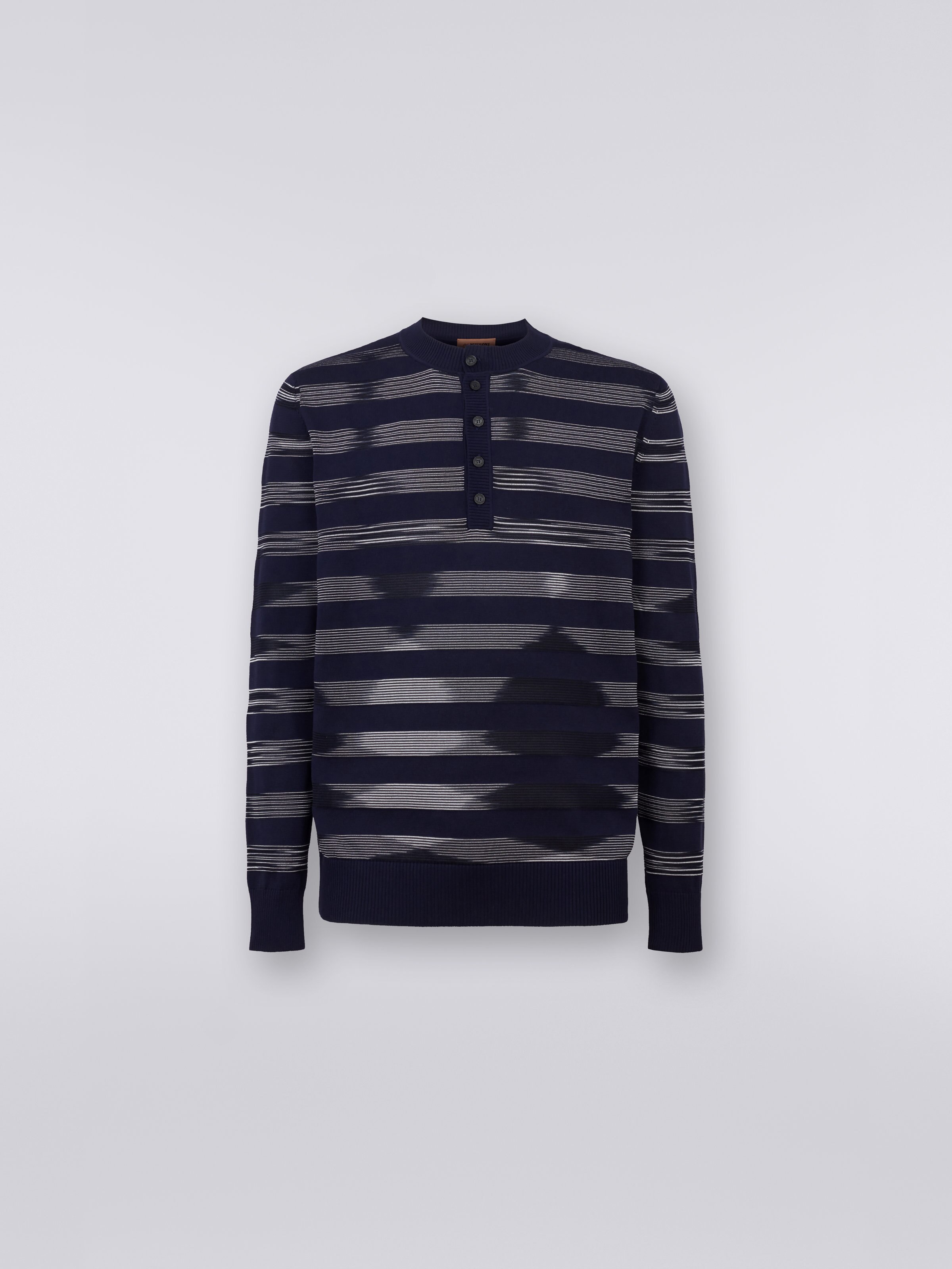 Pull boutonné en coton flammé mélangé, Blanc, Noir & Bleu Marine - 0