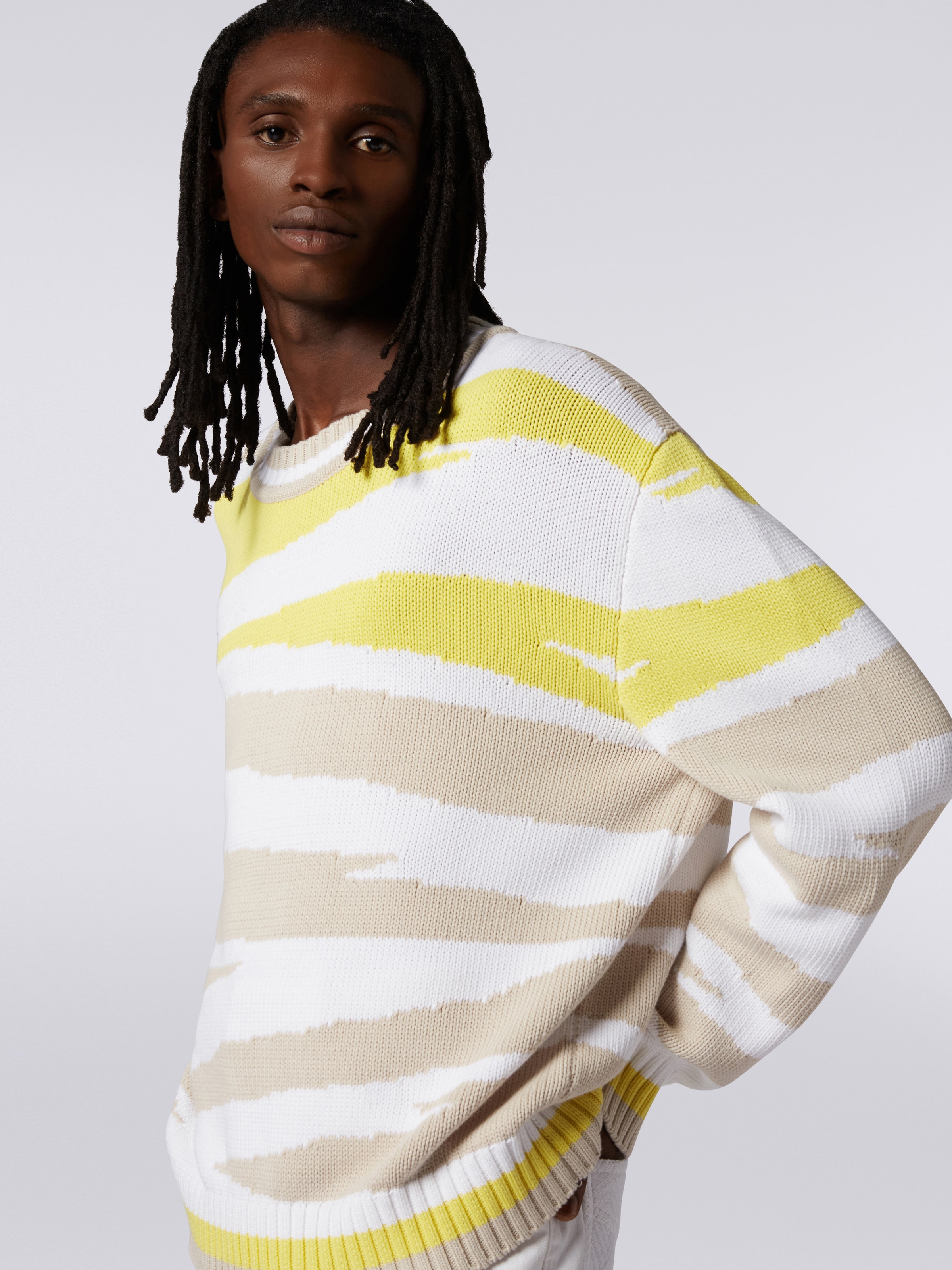 Crew-neck cotton blend jumper with inlay details, White, Beige & Yellow - 4