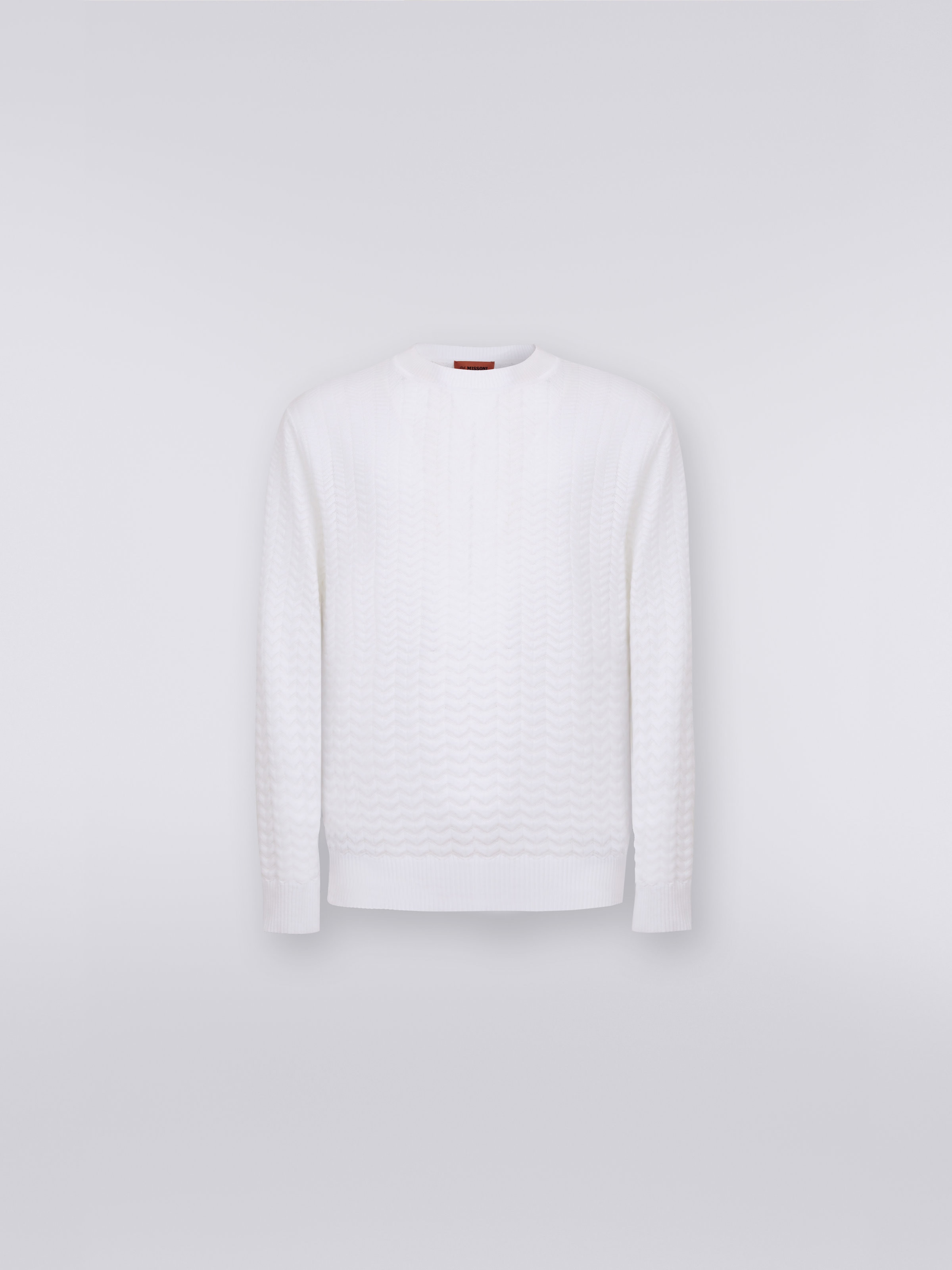 Cotton and viscose crew-neck jumper with chevron inserts, White  - 0