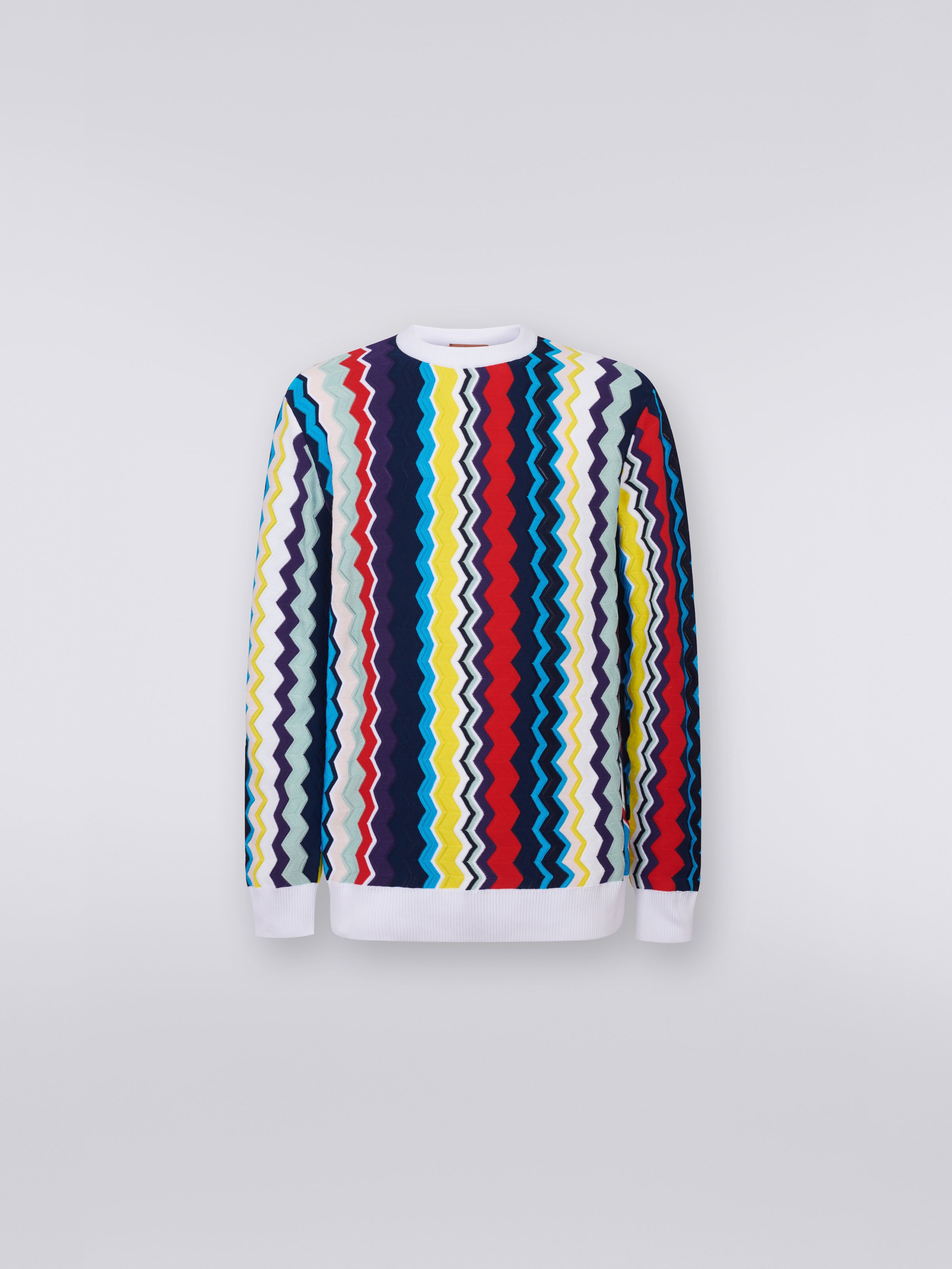 Cotton and viscose blend crew-neck jumper with vertical zigzag, Multicoloured - 0