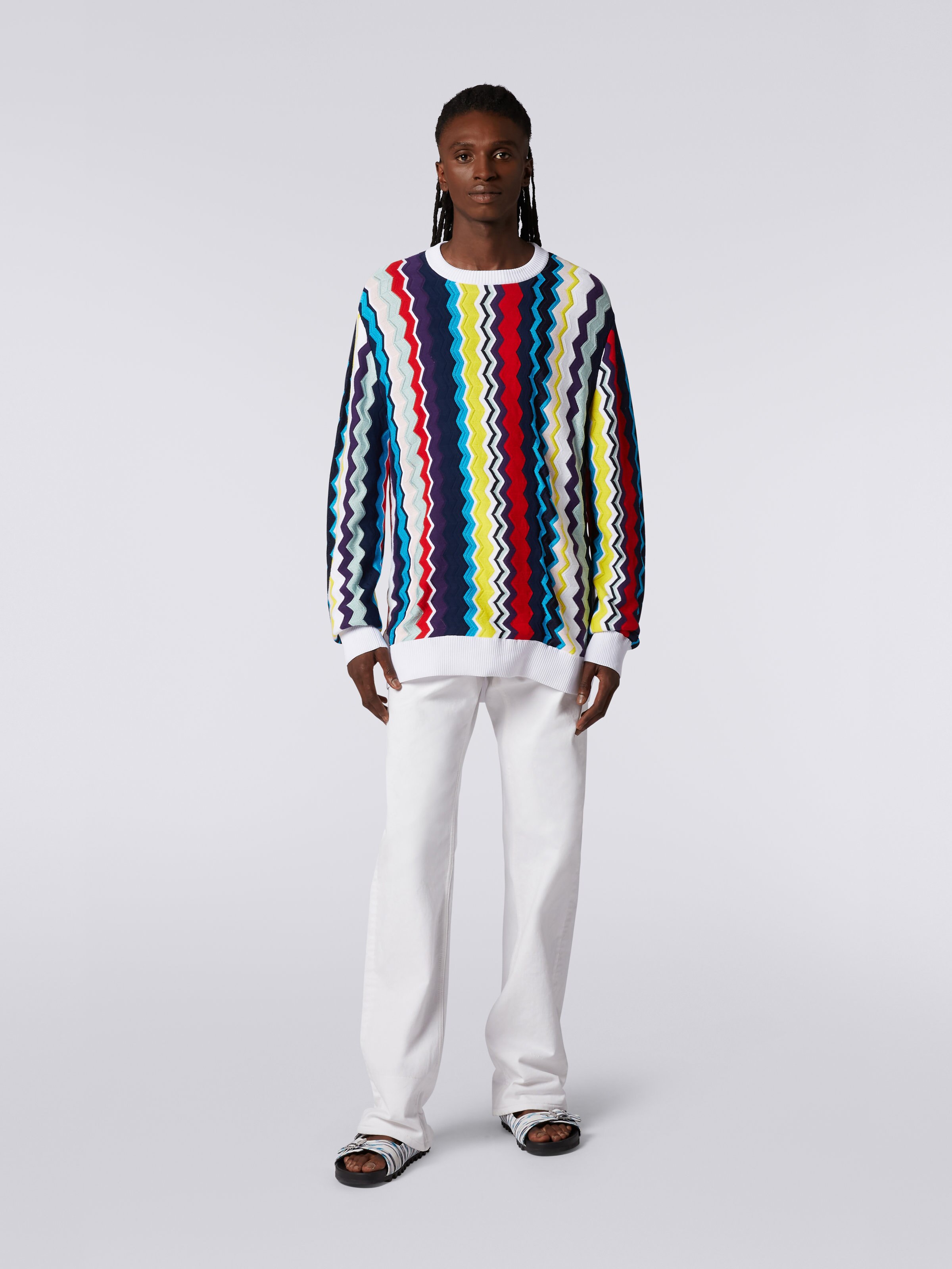 Cotton and viscose blend crew-neck jumper with vertical zigzag, Multicoloured - 1