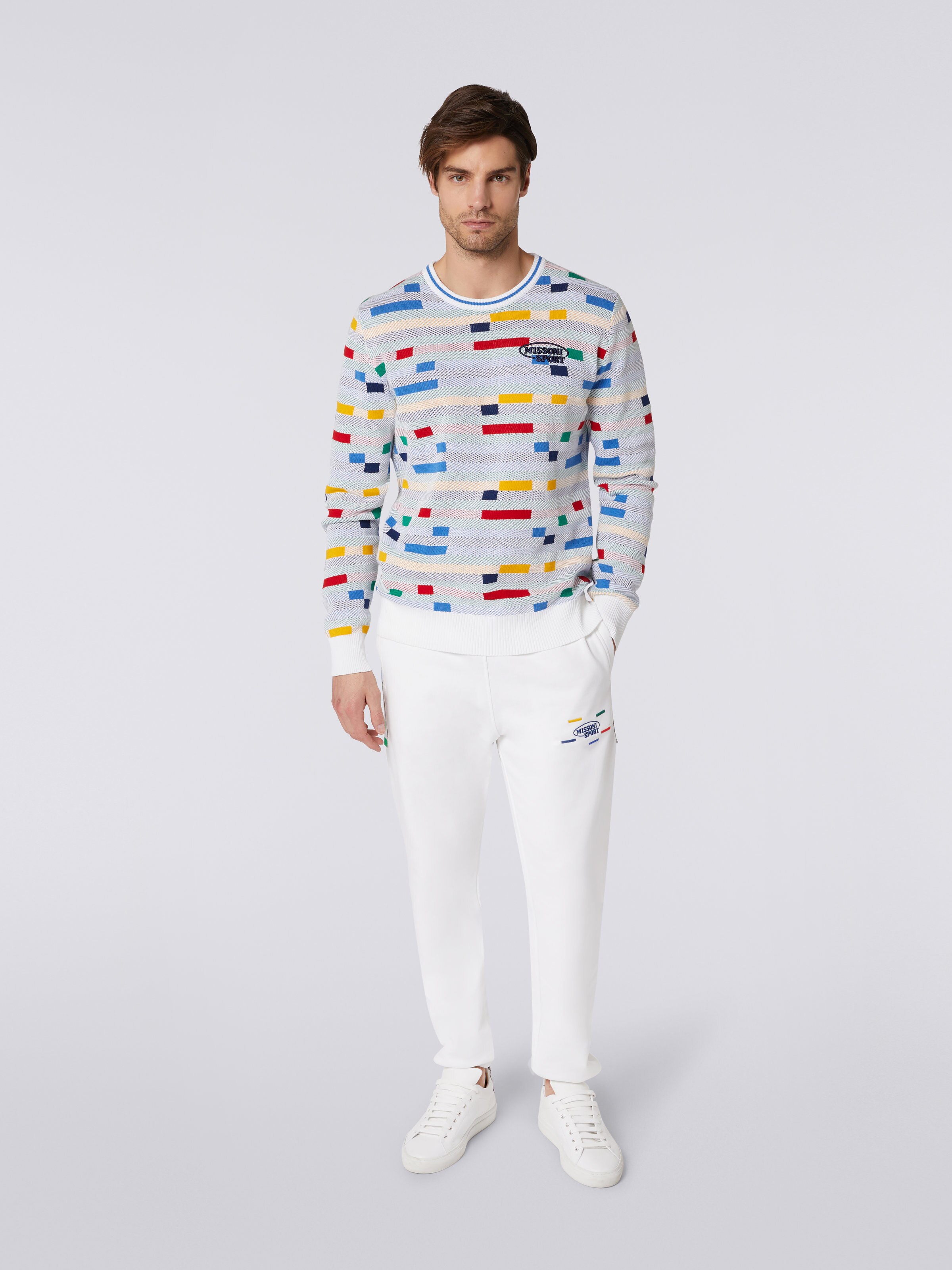 Cotton crew-neck jumper with embroidered logo, White & Multicoloured Heritage - 1