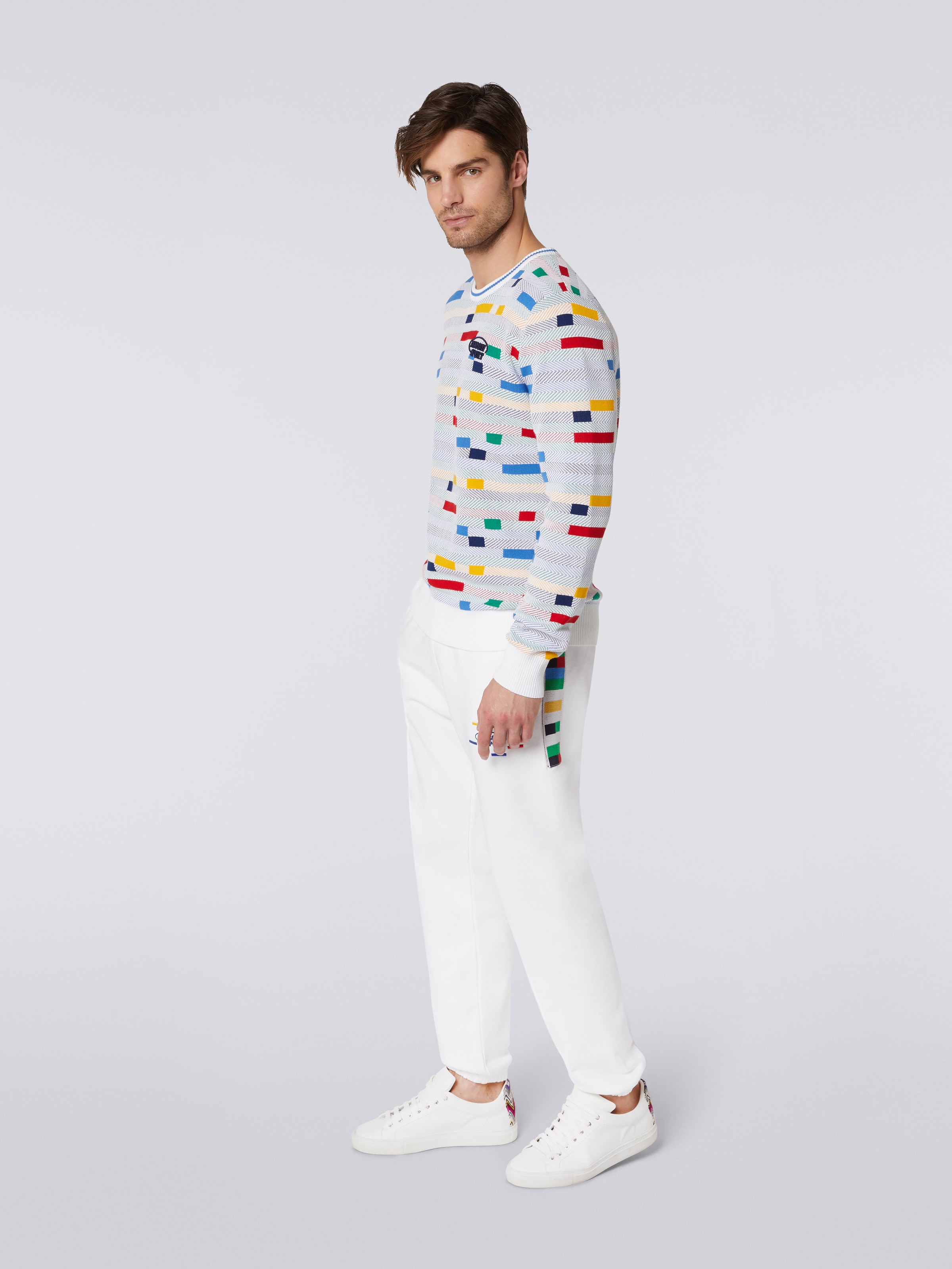 Cotton crew-neck jumper with embroidered logo, White & Multicoloured Heritage - 2