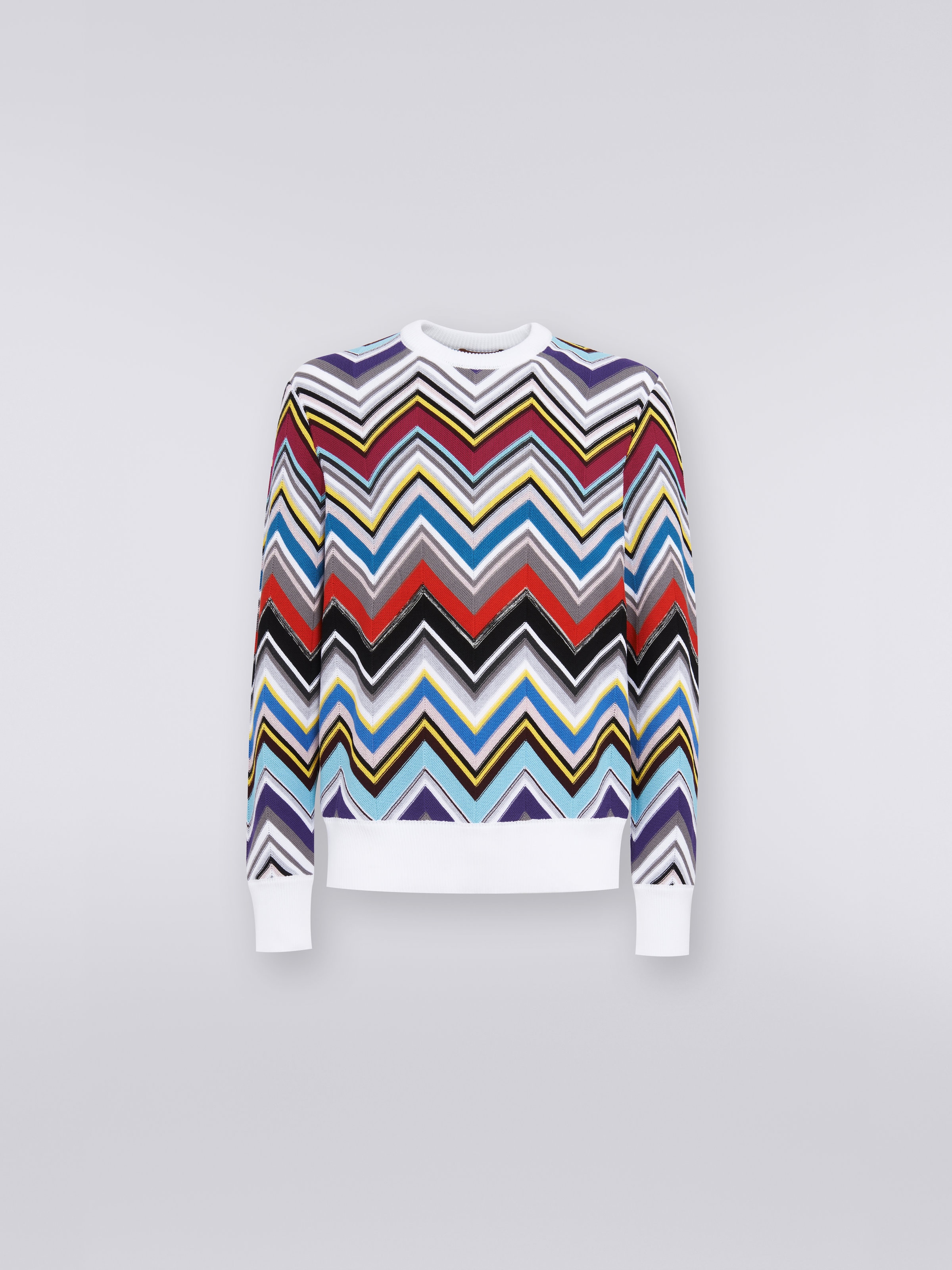 Wool and viscose blend crew-neck pullover with plain trim, Multicoloured - 0