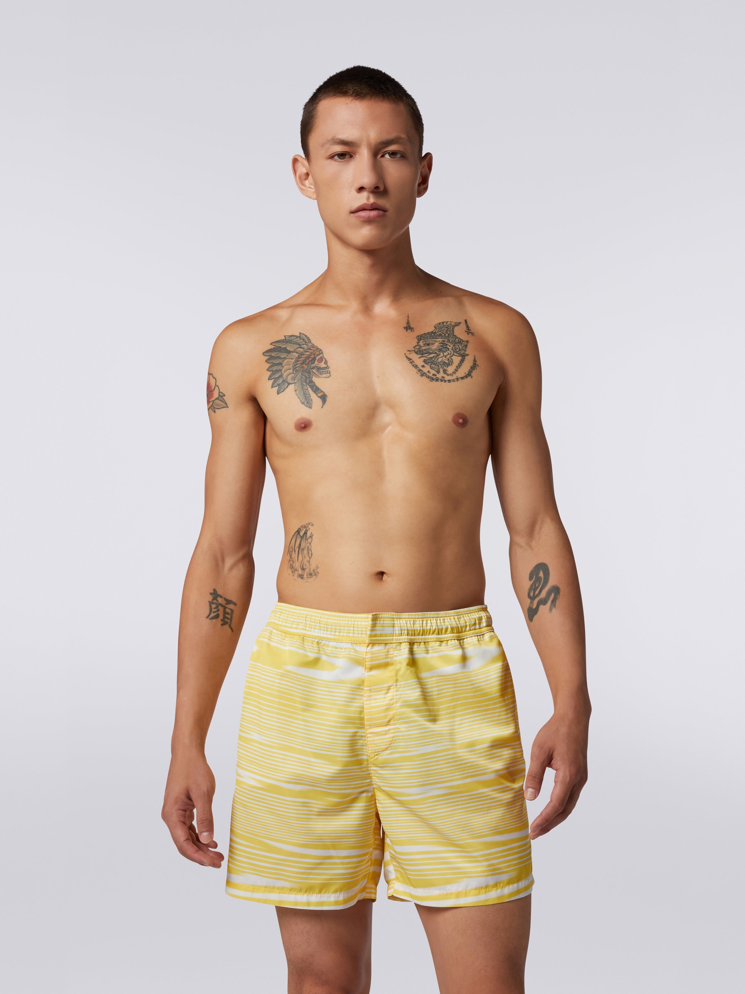 Nylon blend swimming trunks with two-tone slub motif, White & Yellow - 1