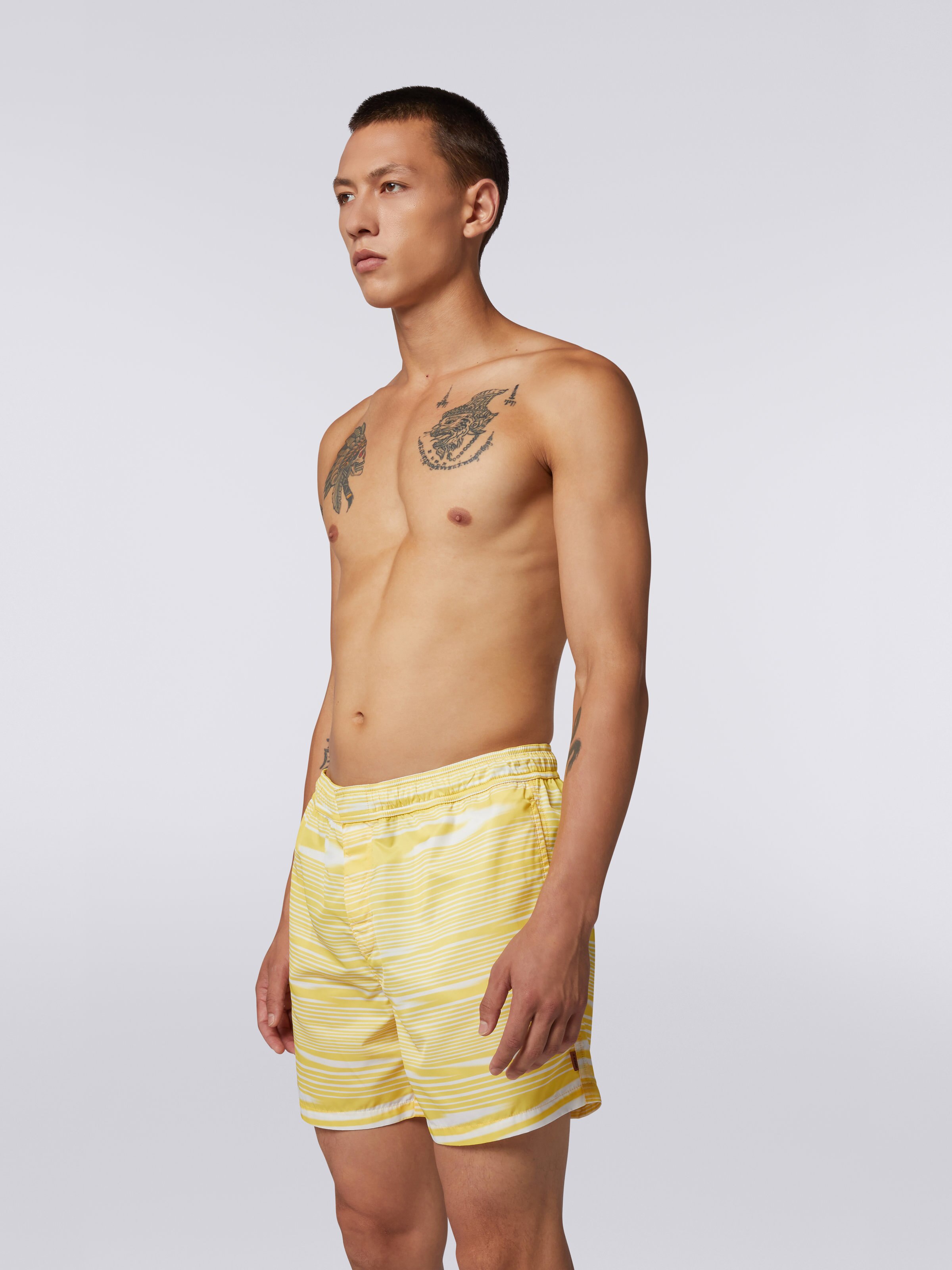 Nylon blend swimming trunks with two-tone slub motif, White & Yellow - 2