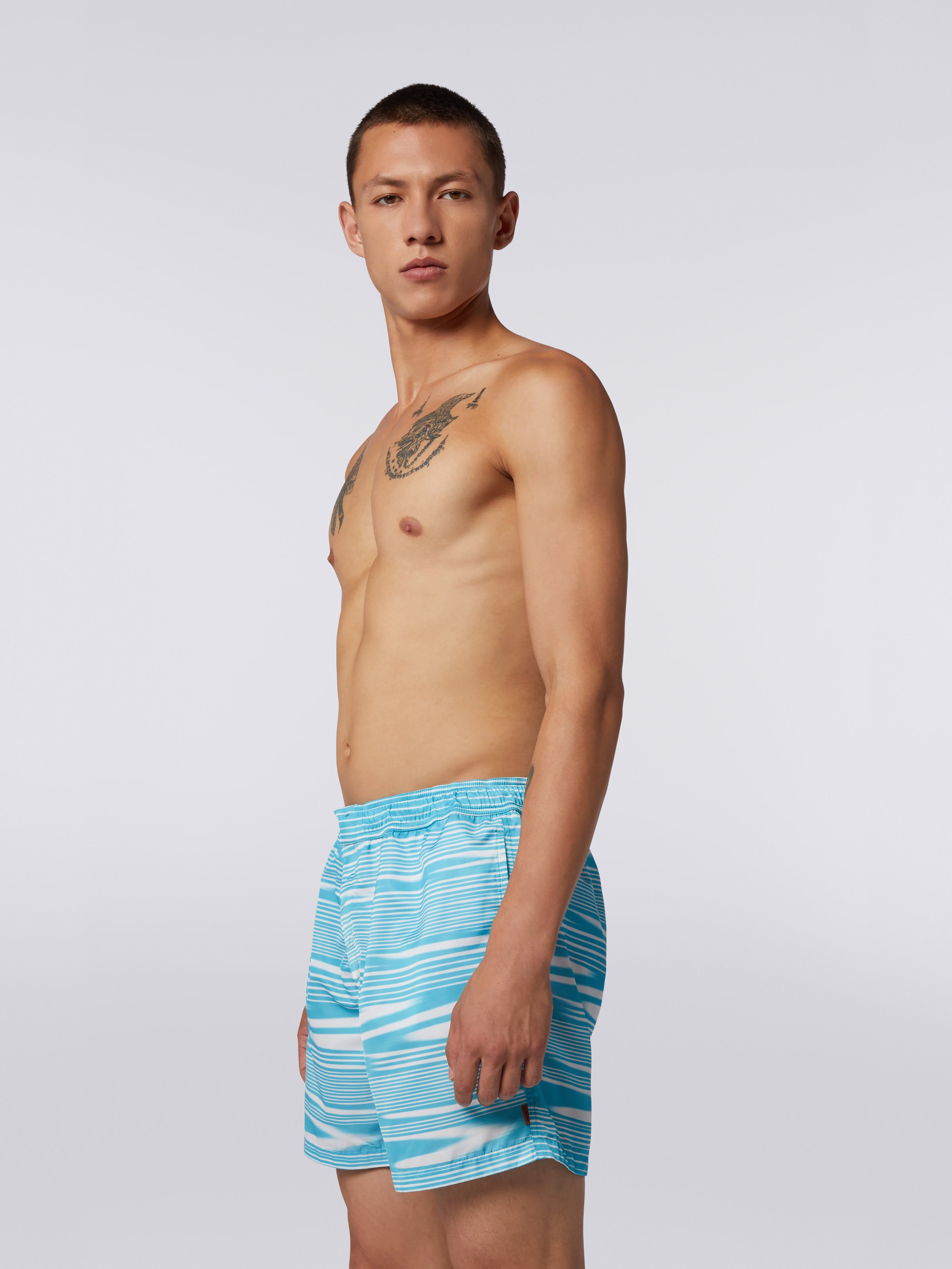 Nylon blend swimming trunks with two-tone slub motif, White & Light Blue - 2