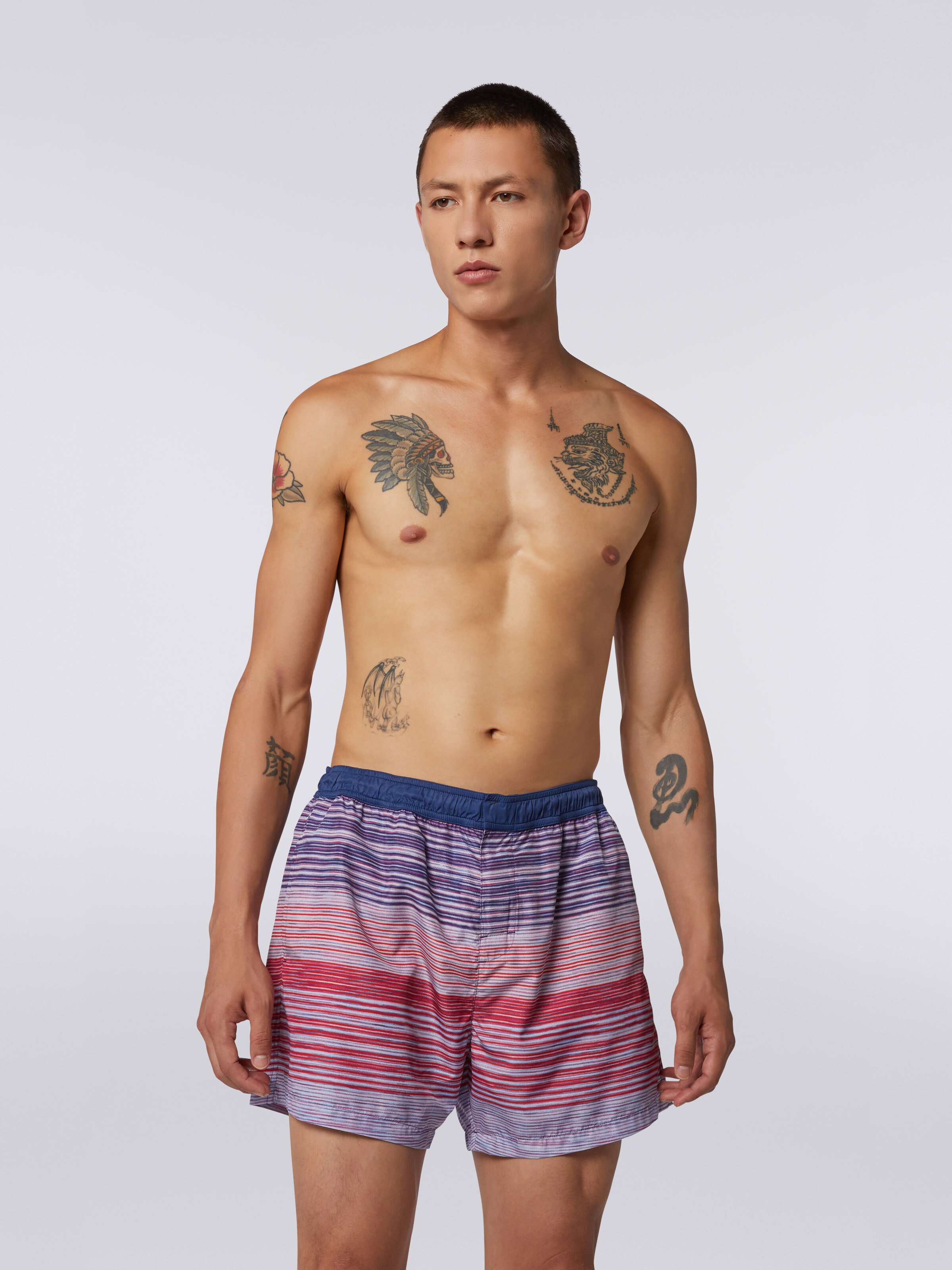 Nylon-blend swimming trunks in slub print, Red, Purple & Light Blue - 1