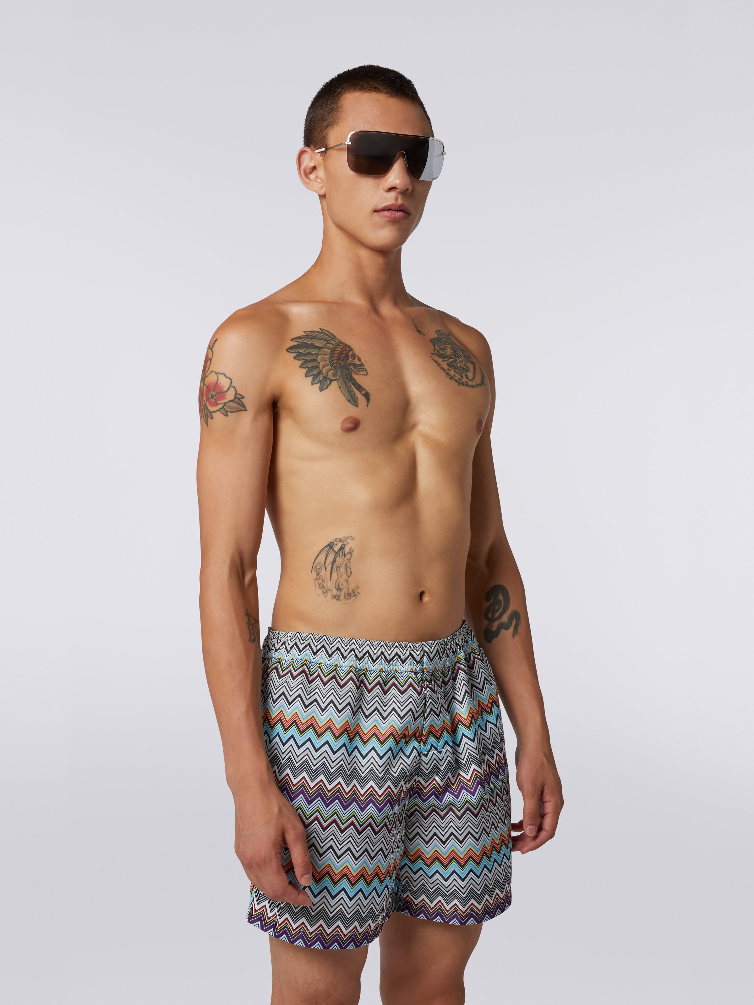 Nylon blend swimming trunks with large zigzag print, Multicoloured - 1
