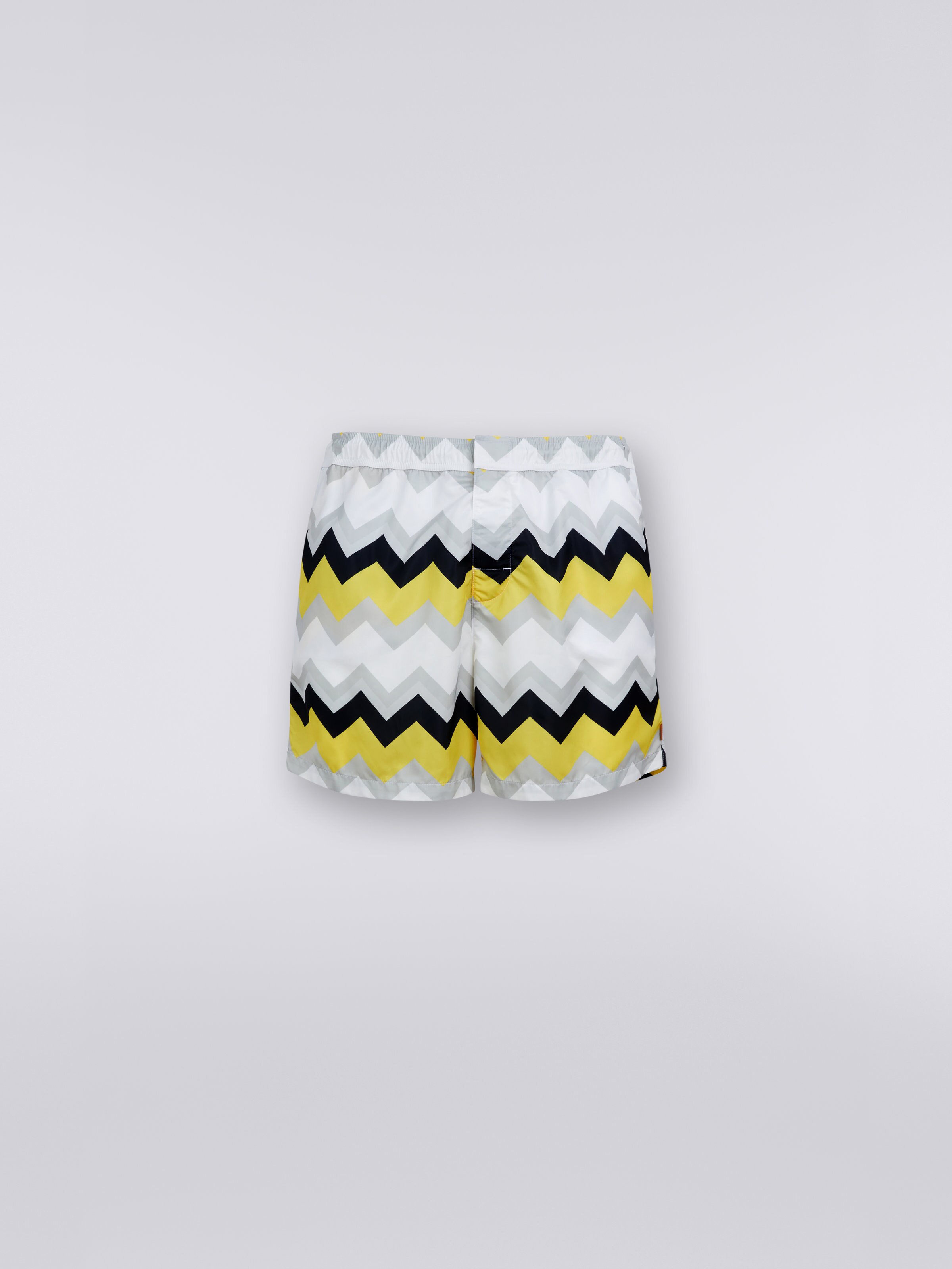 Nylon blend swimming trunks with large zigzag print, White, Yellow & Grey - 0