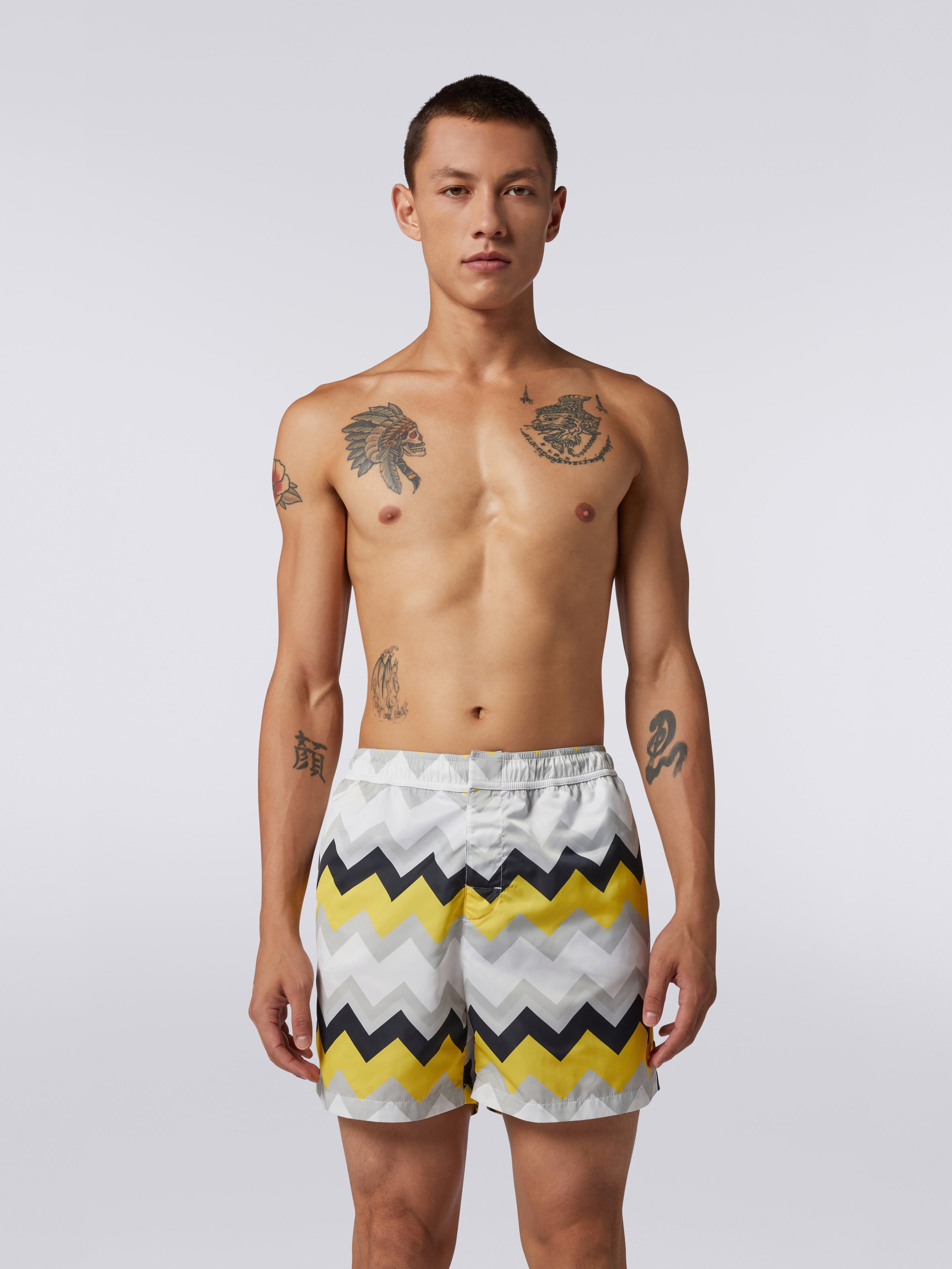 Nylon blend swimming trunks with large zigzag print, White, Yellow & Grey - 1