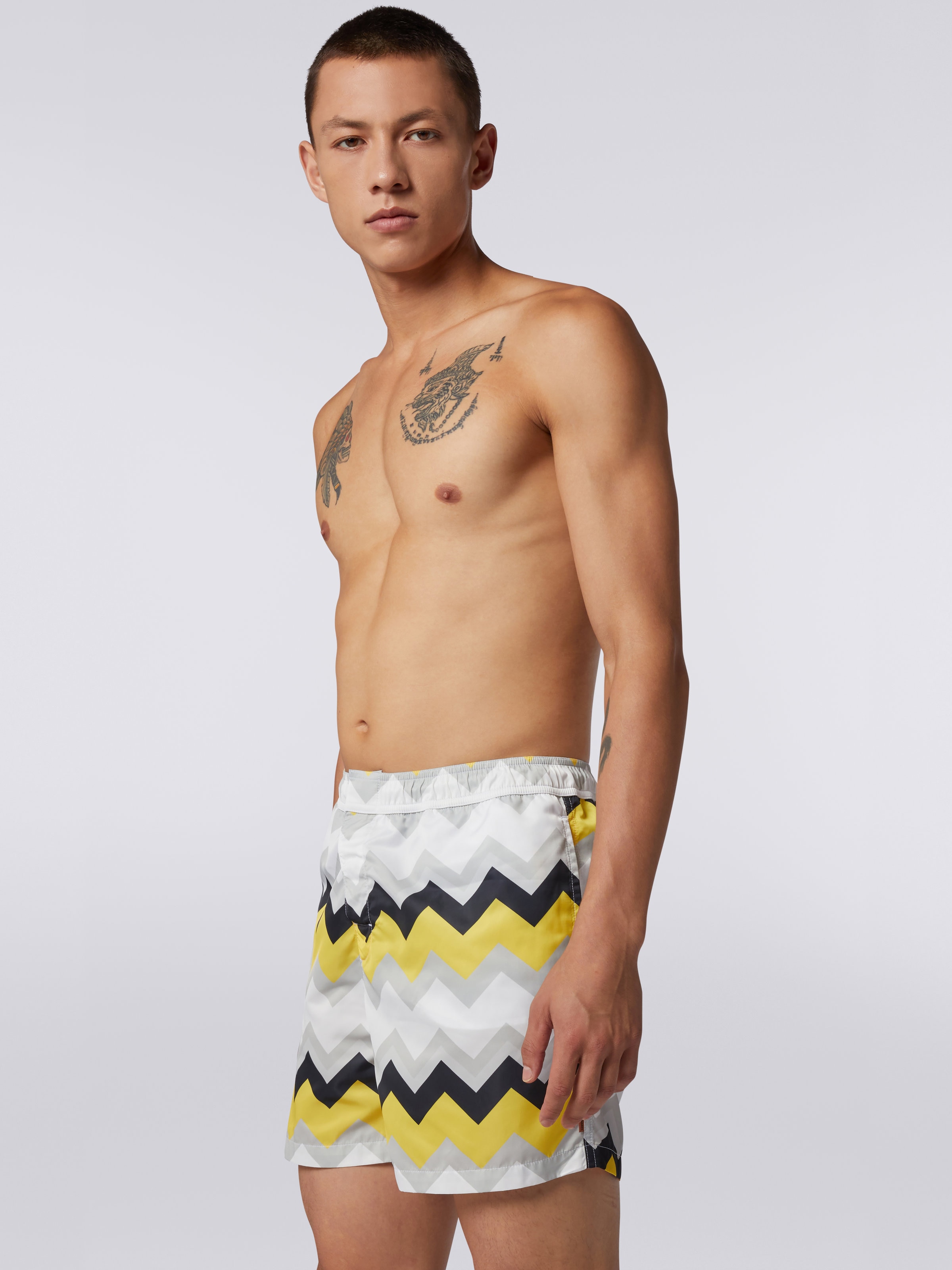 Nylon blend swimming trunks with large zigzag print, White, Yellow & Grey - 2