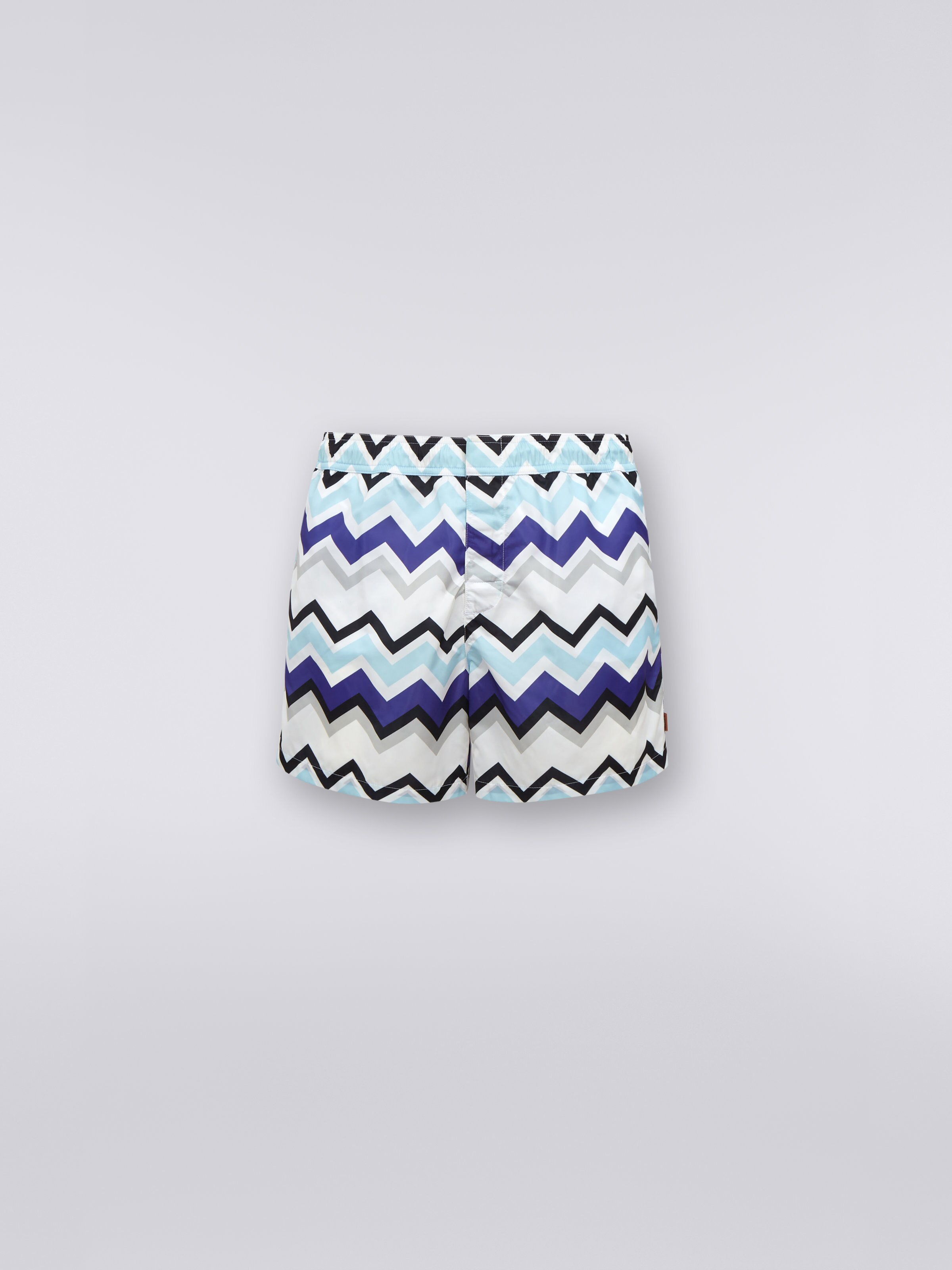 Nylon blend swimming trunks with large zigzag print, Blue, Grey & White - 0