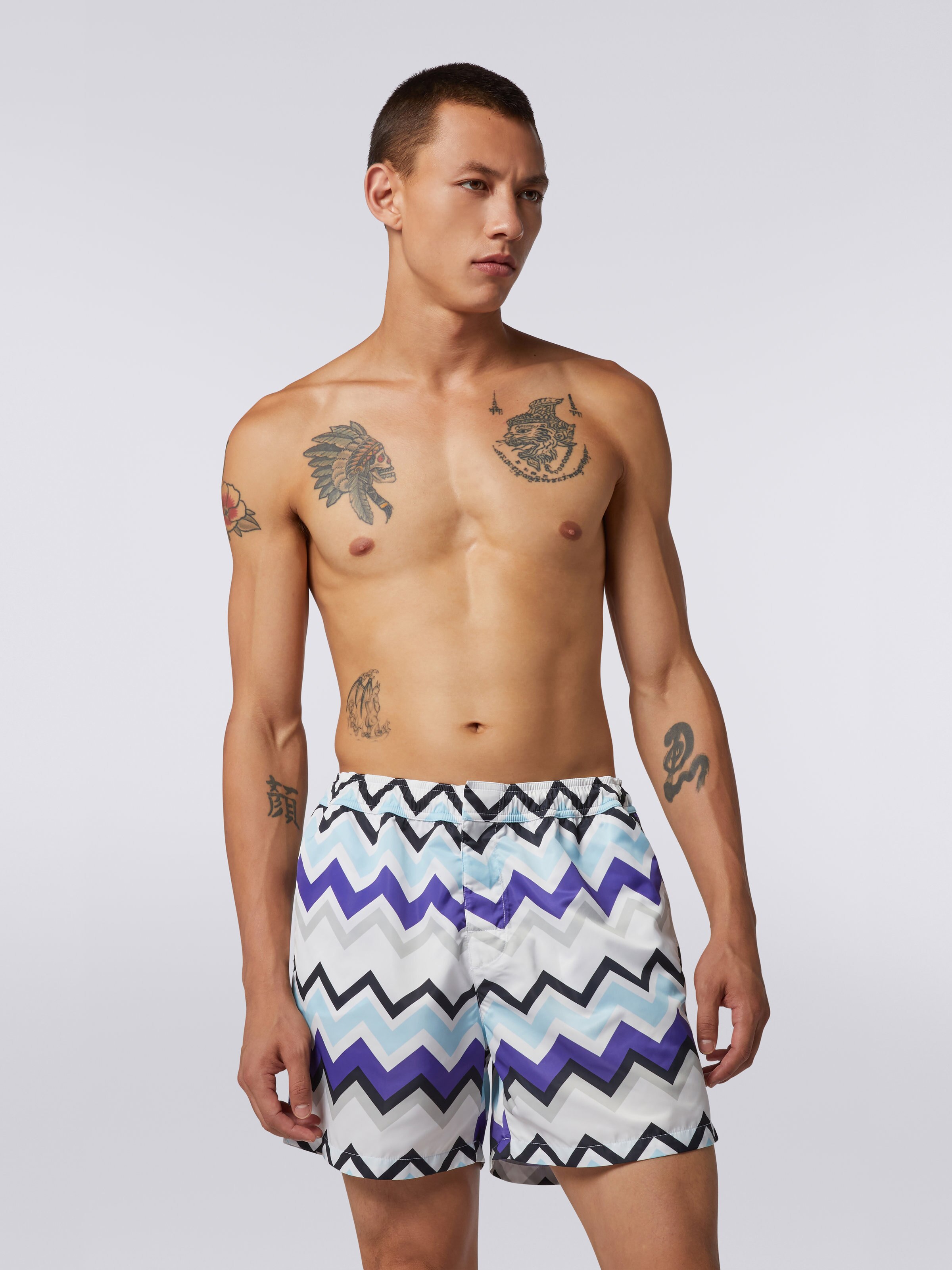Nylon blend swimming trunks with large zigzag print, Blue, Grey & White - 1