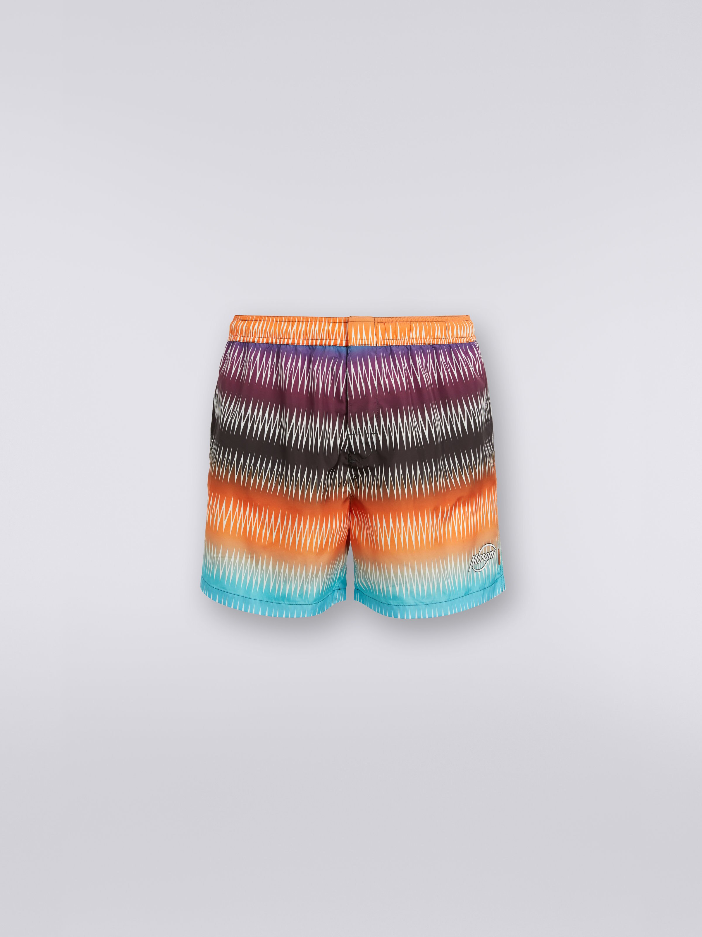 Technical fabric swimming trunks with dégradé zigzag and logo, Multicoloured - 0