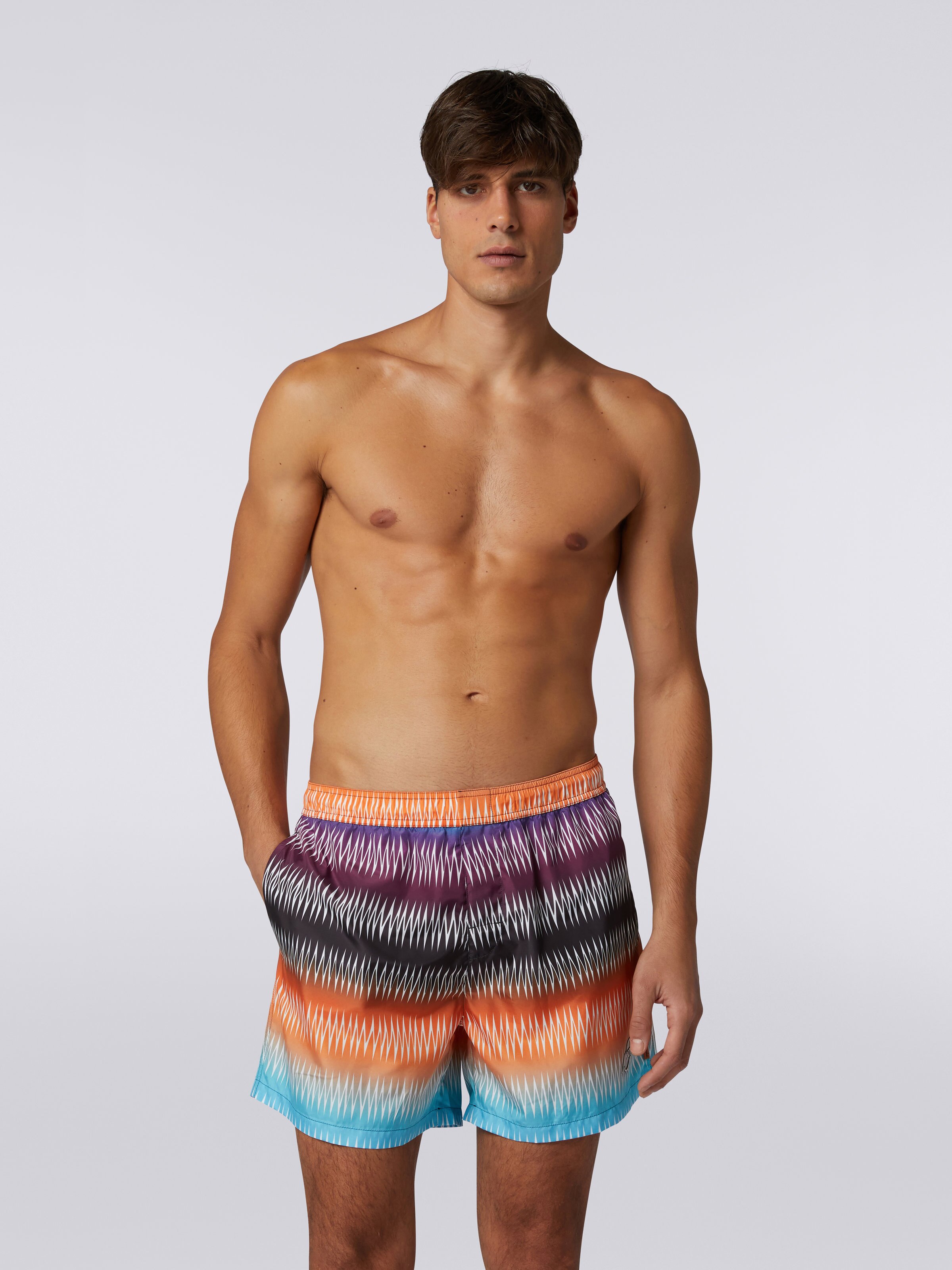 Technical fabric swimming trunks with dégradé zigzag and logo, Multicoloured - 1