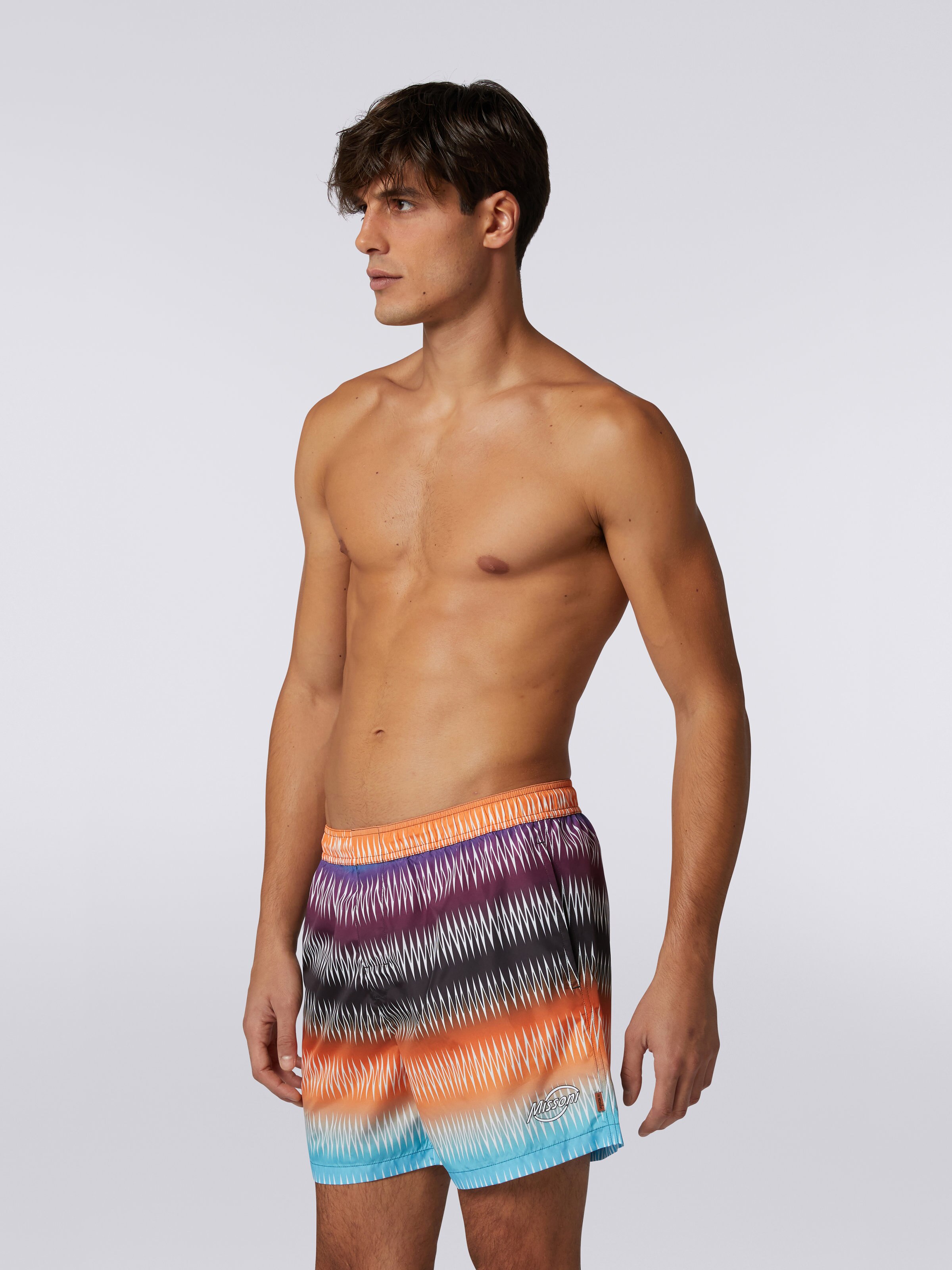 Technical fabric swimming trunks with dégradé zigzag and logo, Multicoloured - 2
